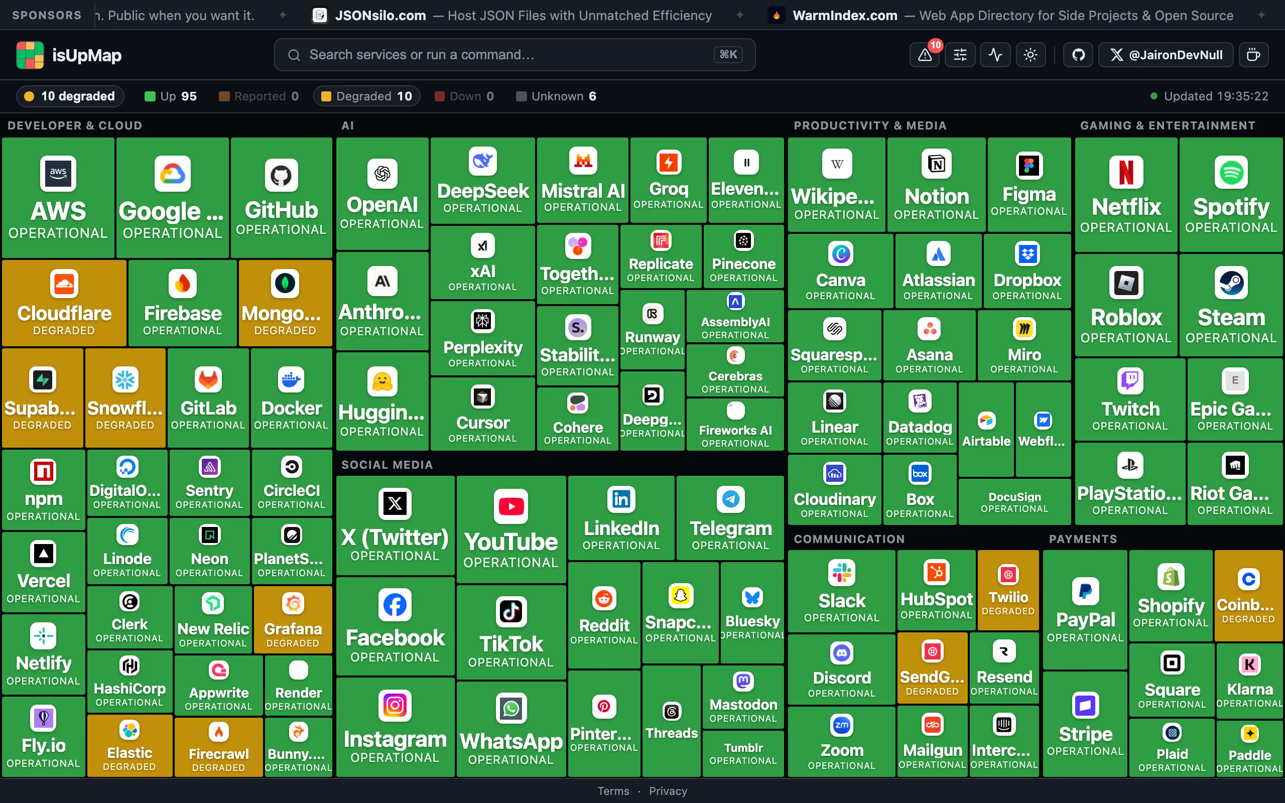 Screenshot of isUpMap — Service Status