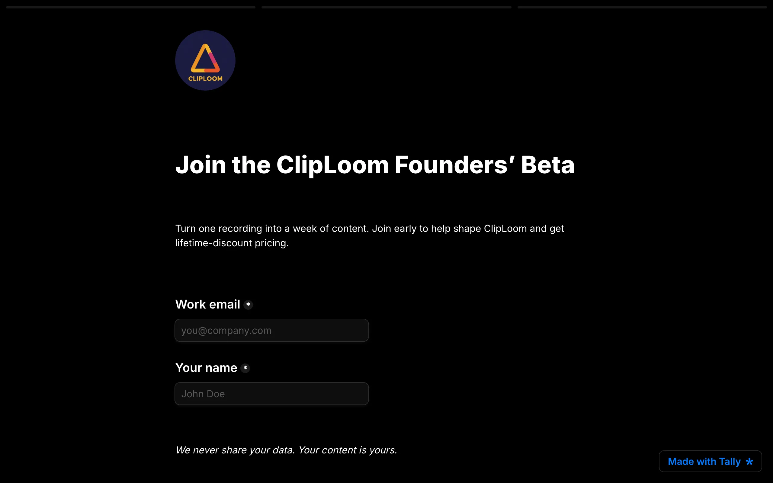 Screenshot of Join the ClipLoom Founders’ Beta