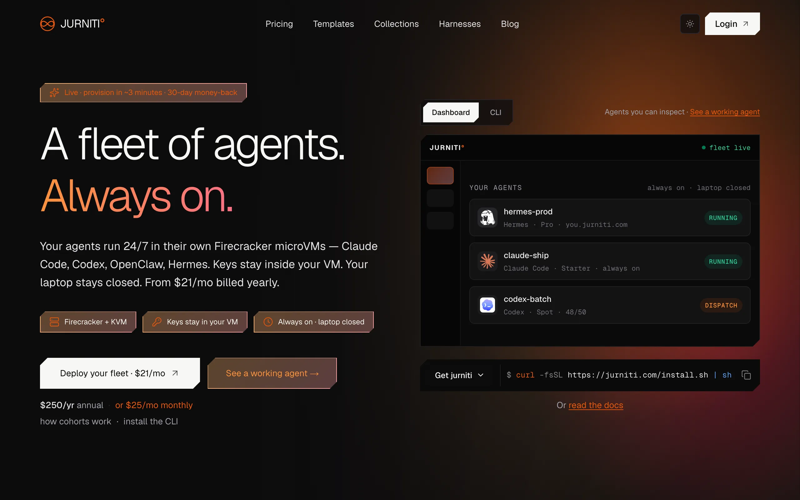 Screenshot of jurniti — managed AI agent hosting on Firecracker microVMs