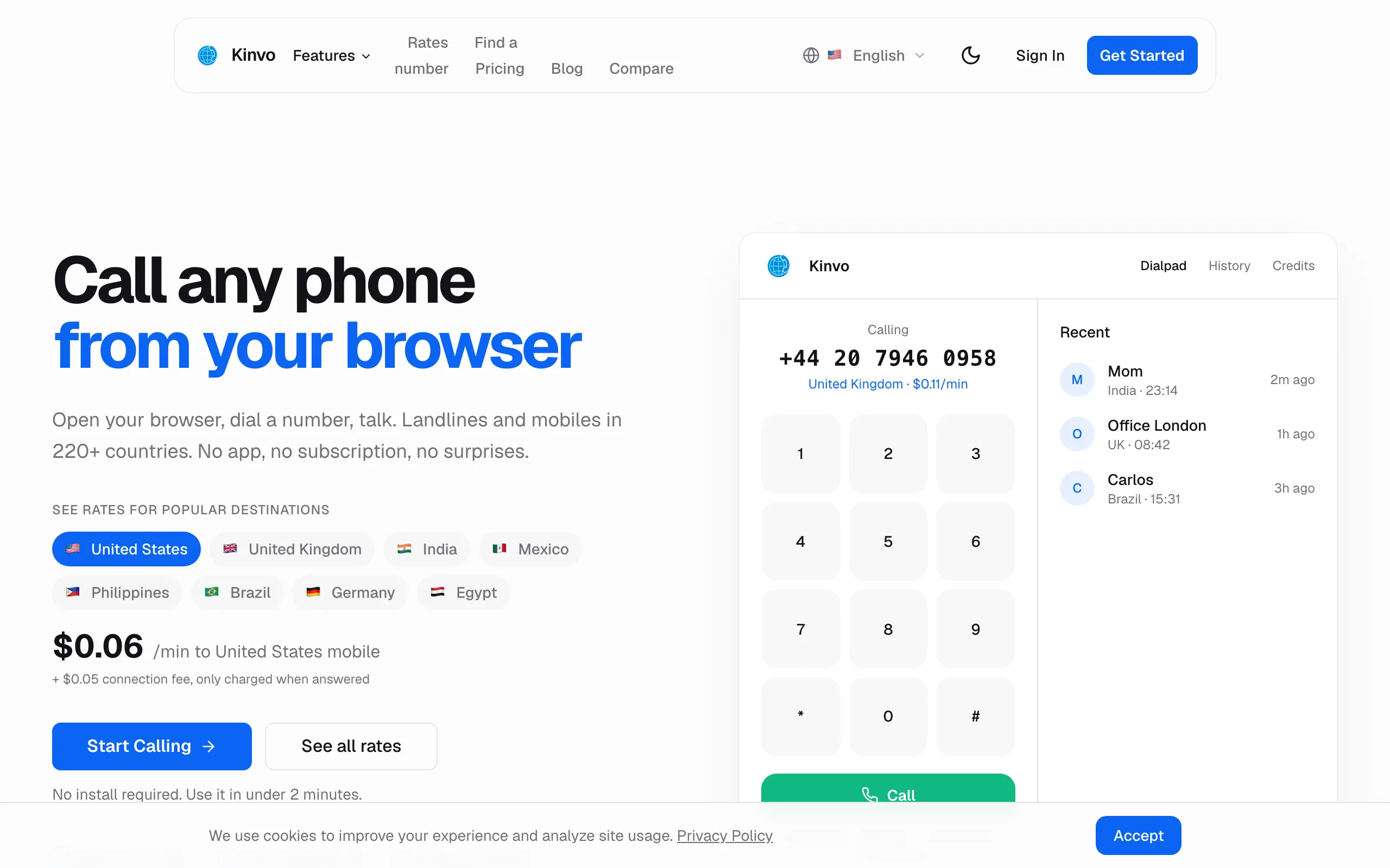 Screenshot of Kinvo — International Calls from Your Browser | 220+ Countries