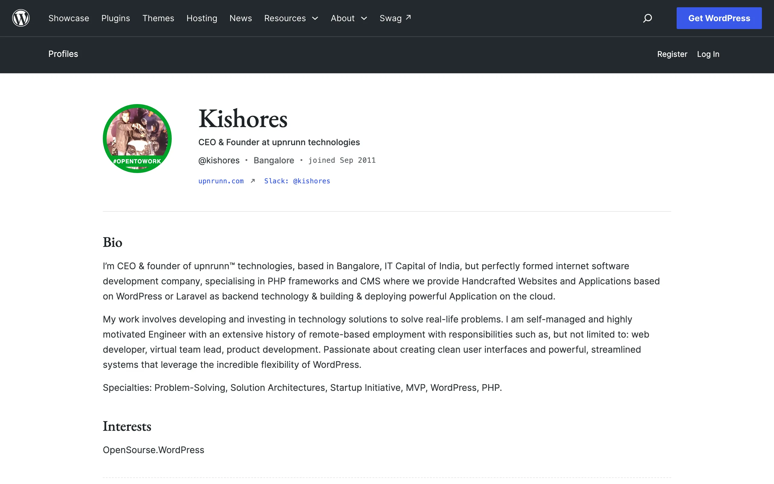 Screenshot of Kishores (@kishores) – WordPress user profile | WordPress.org