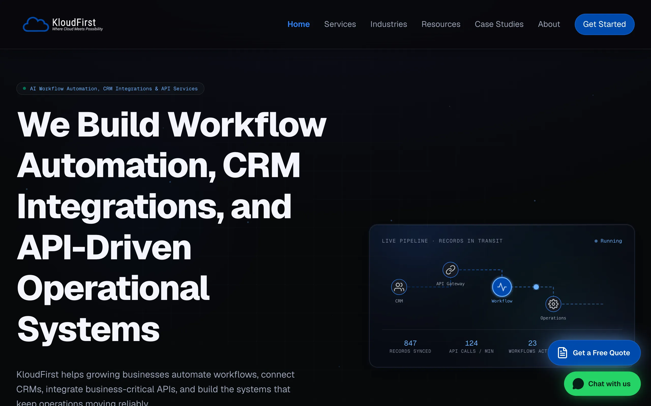 Screenshot of KloudFirst Technologies | AI Workflow Automation, CRM Integrations &amp; API Integration Services