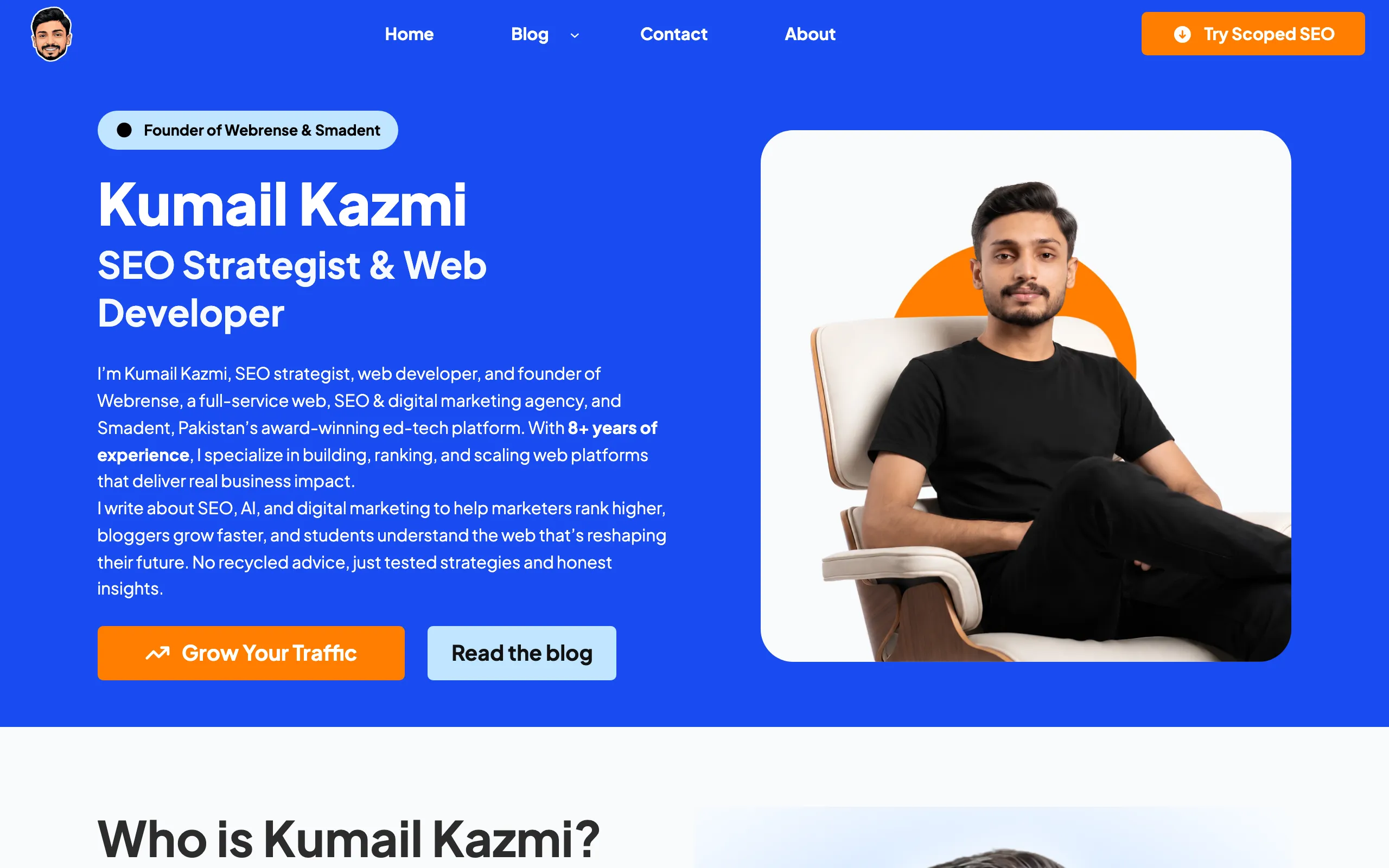 Screenshot of Kumail Kazmi - SEO Strategist, Founder of Webrense &amp; Smadent