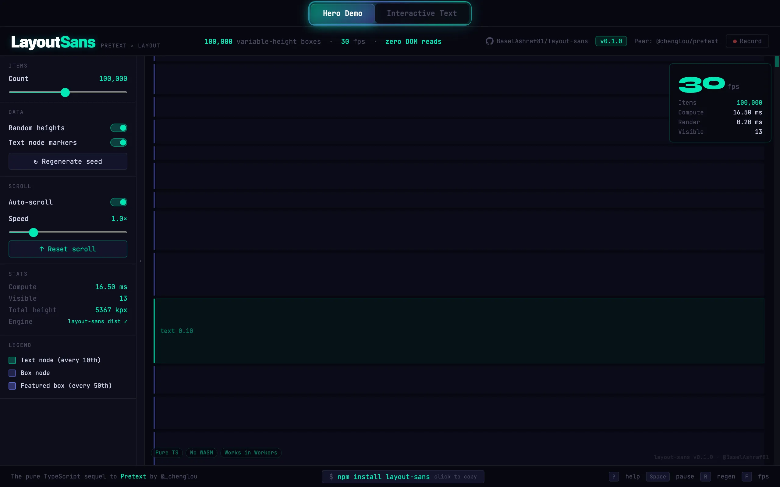 Screenshot of LayoutSans — 100,000 boxes · zero DOM