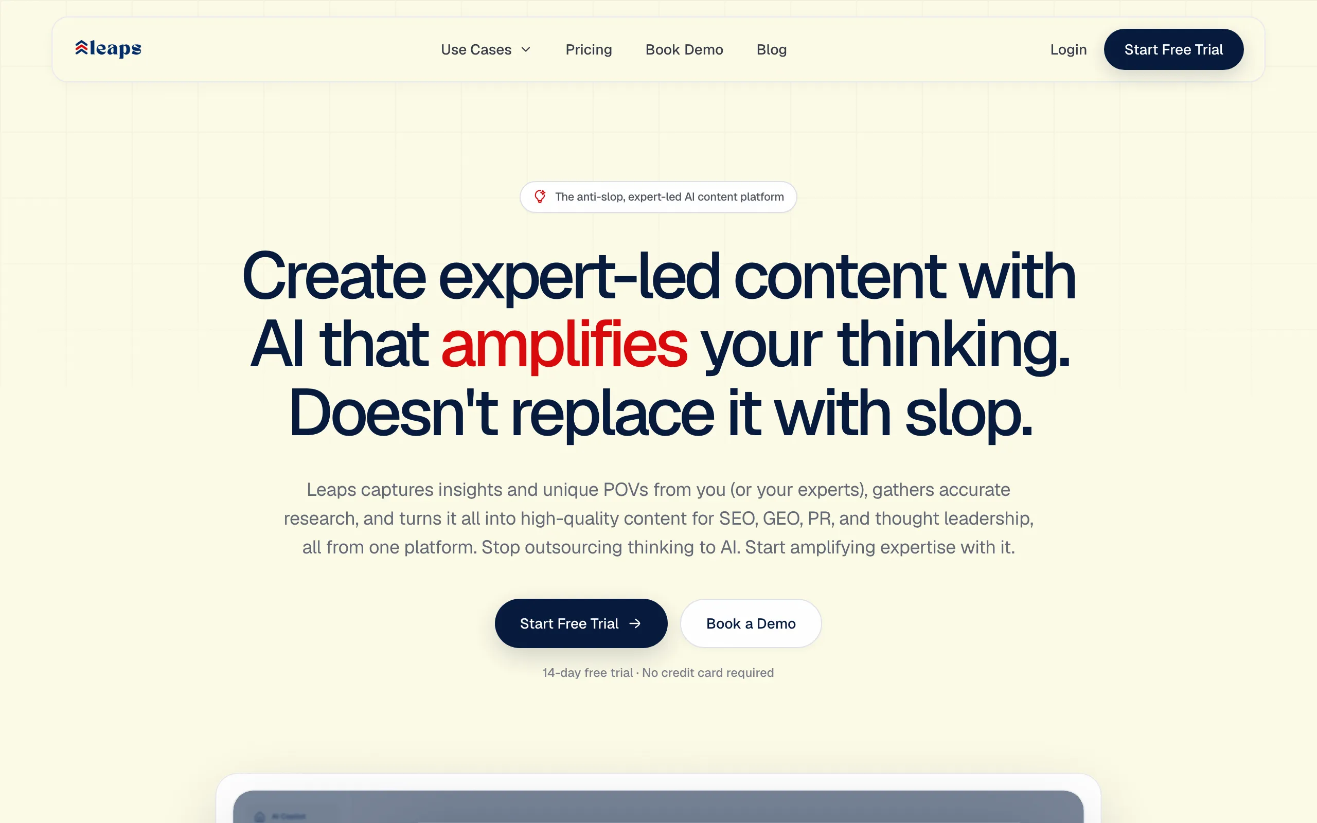 Screenshot of Leaps: Anti-AI Slop, Expert-Led AI Content Creation Tool