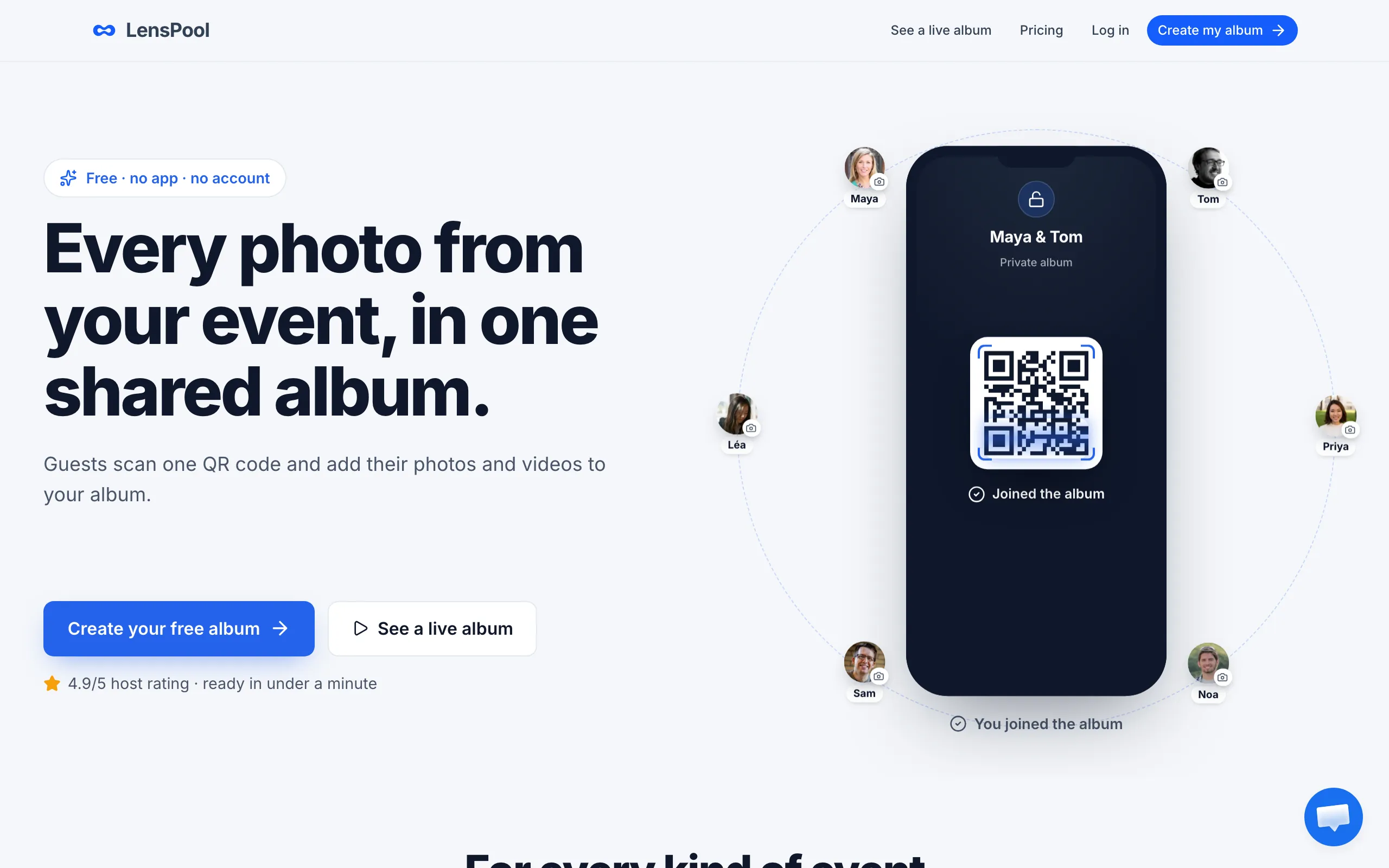 Screenshot of LensPool, one shared album for every event photo