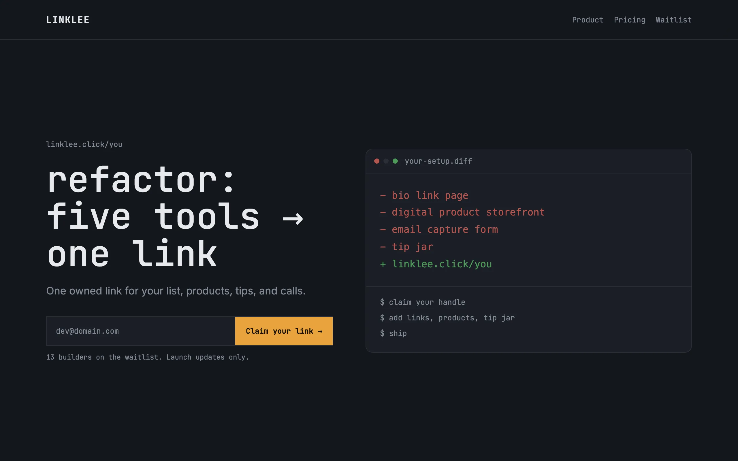 Screenshot of Linklee - refactor five tools into one link