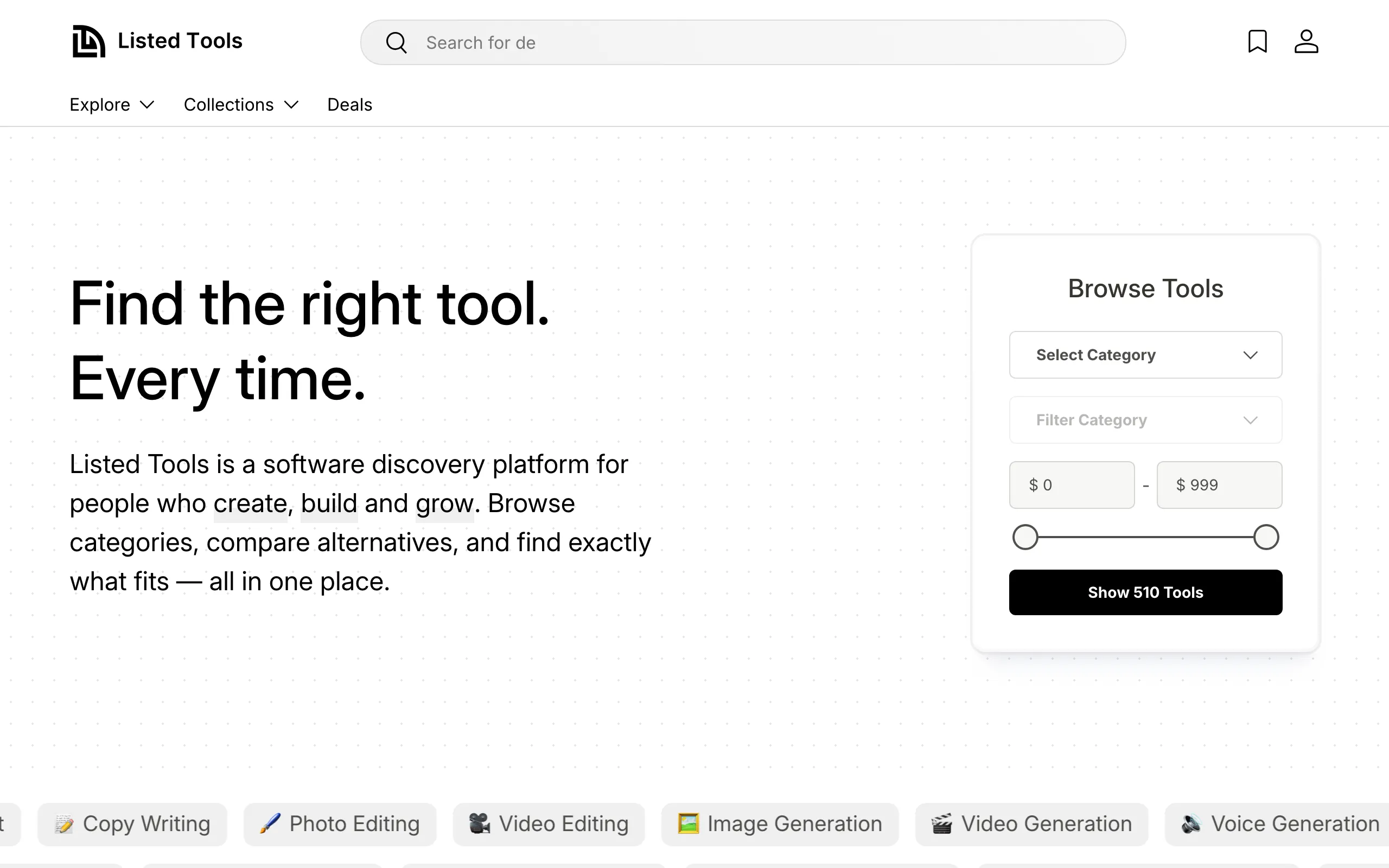 Screenshot of Listed Tools - Find the right tool. Every time.