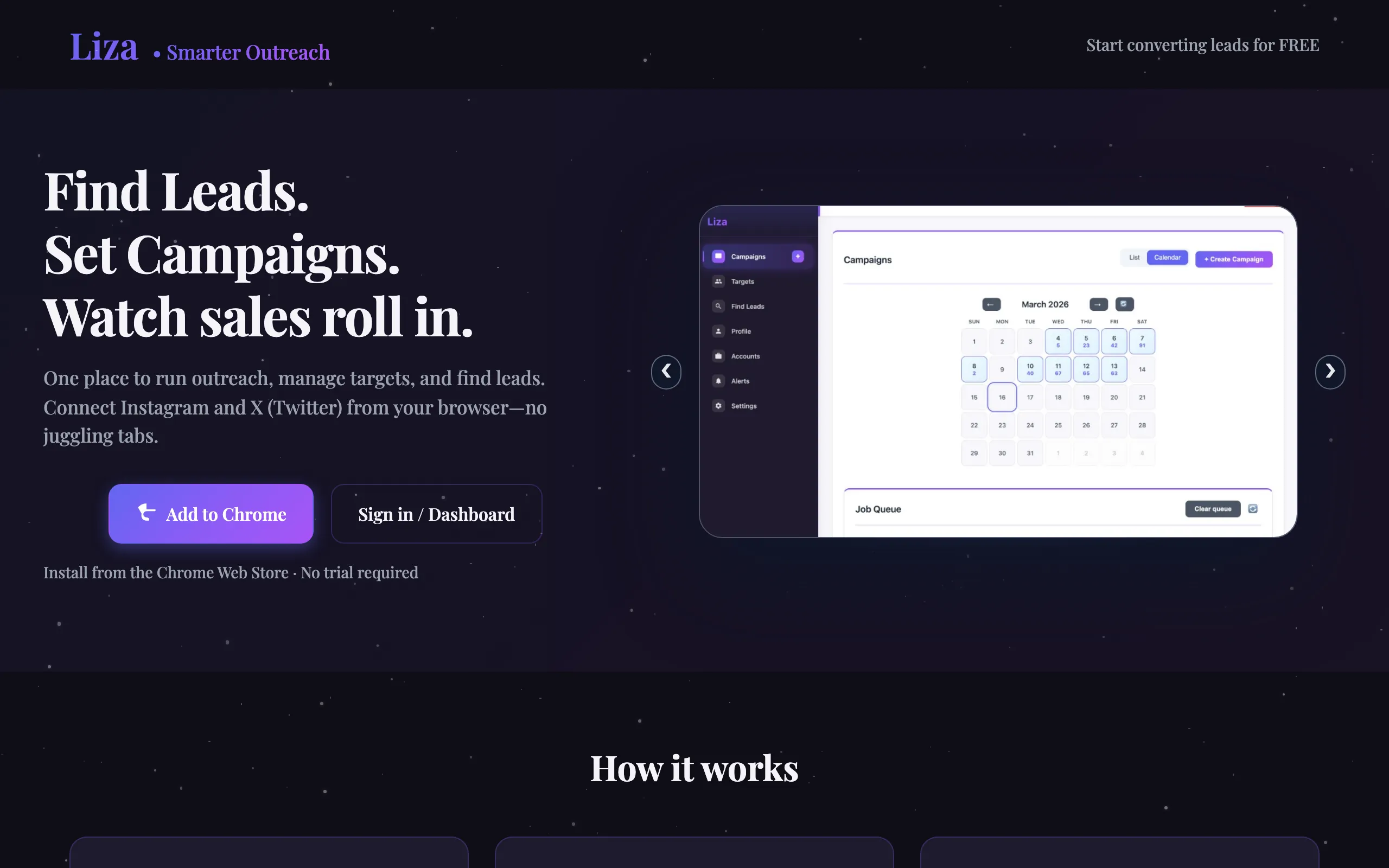 Screenshot of Liza – Find Leads. Set Campaigns. Watch sales roll in.
