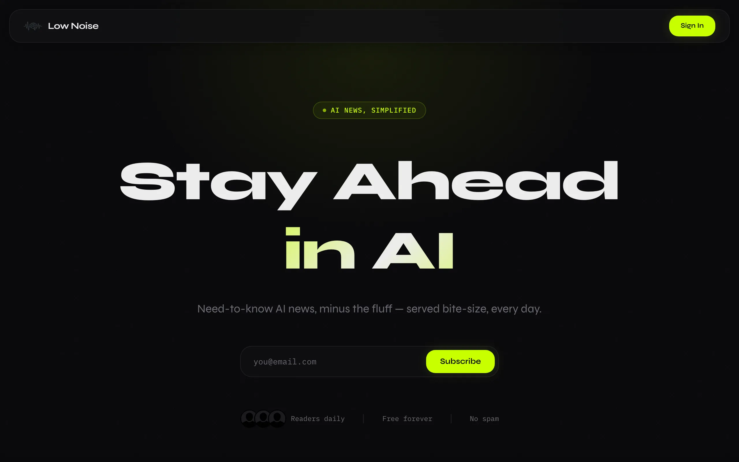 Screenshot of Low Noise - AI News, Simplified