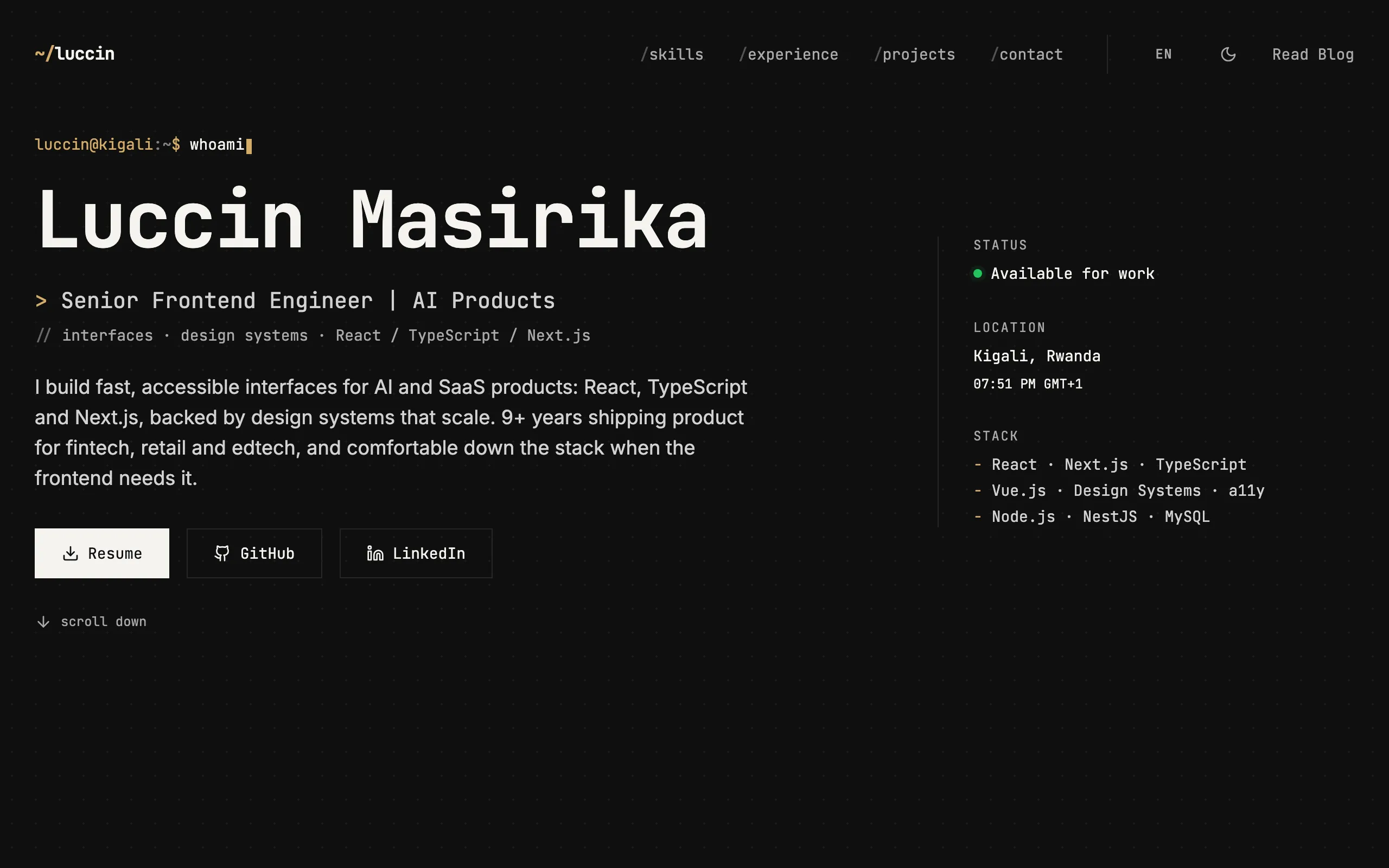Screenshot of Luccin Masirika - Senior Frontend Engineer | AI Products | React, TypeScript & Next.js