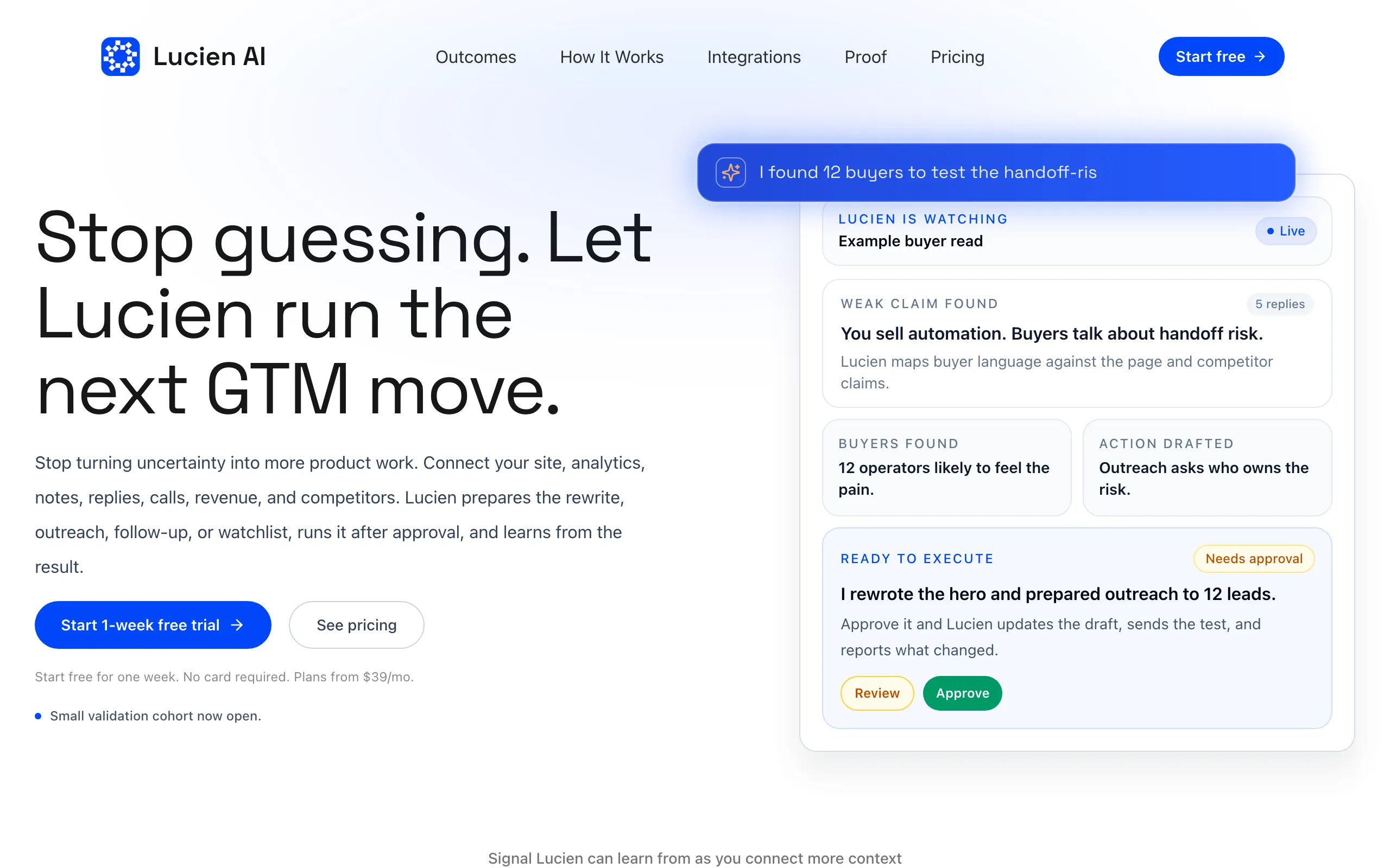 Screenshot of Lucien AI - Buyer Signal to Approved GTM Actions