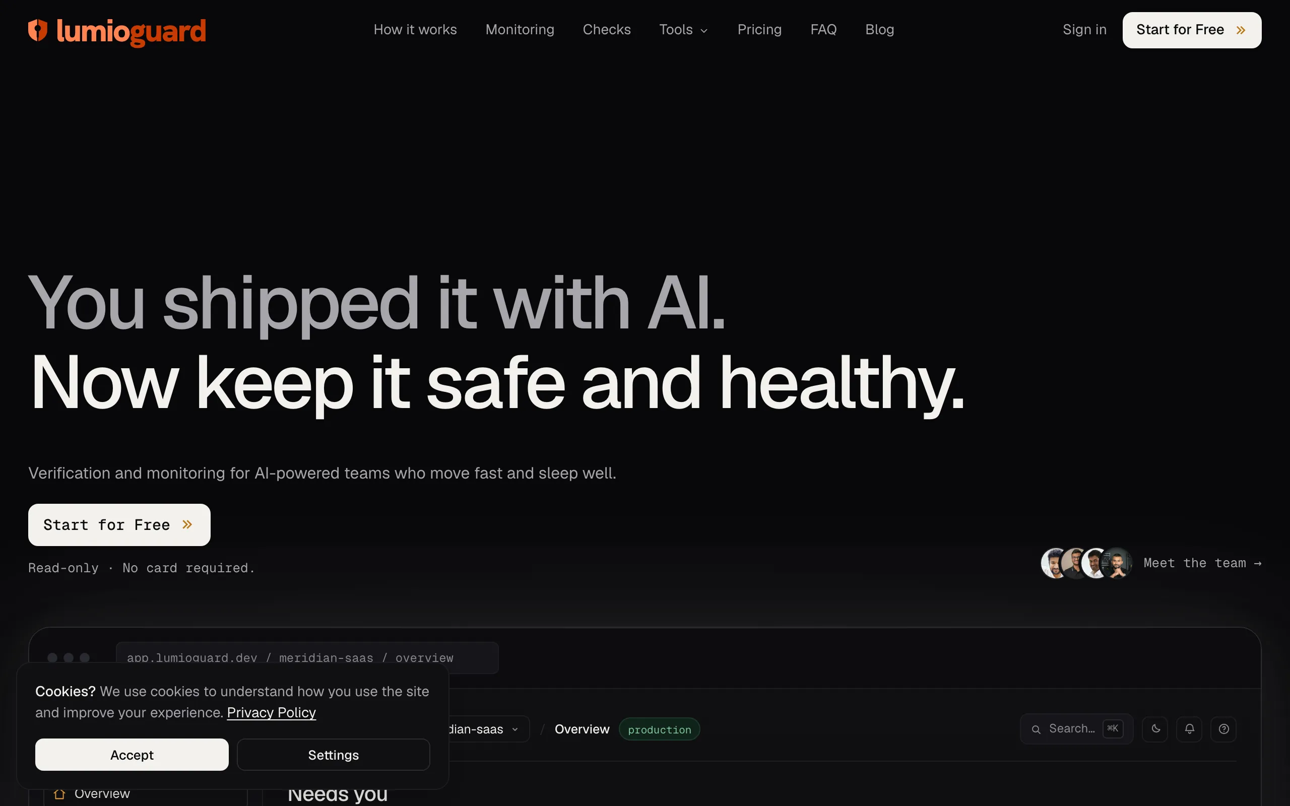 Screenshot of lumioguard · Stack health scans and fixes for AI-built apps
