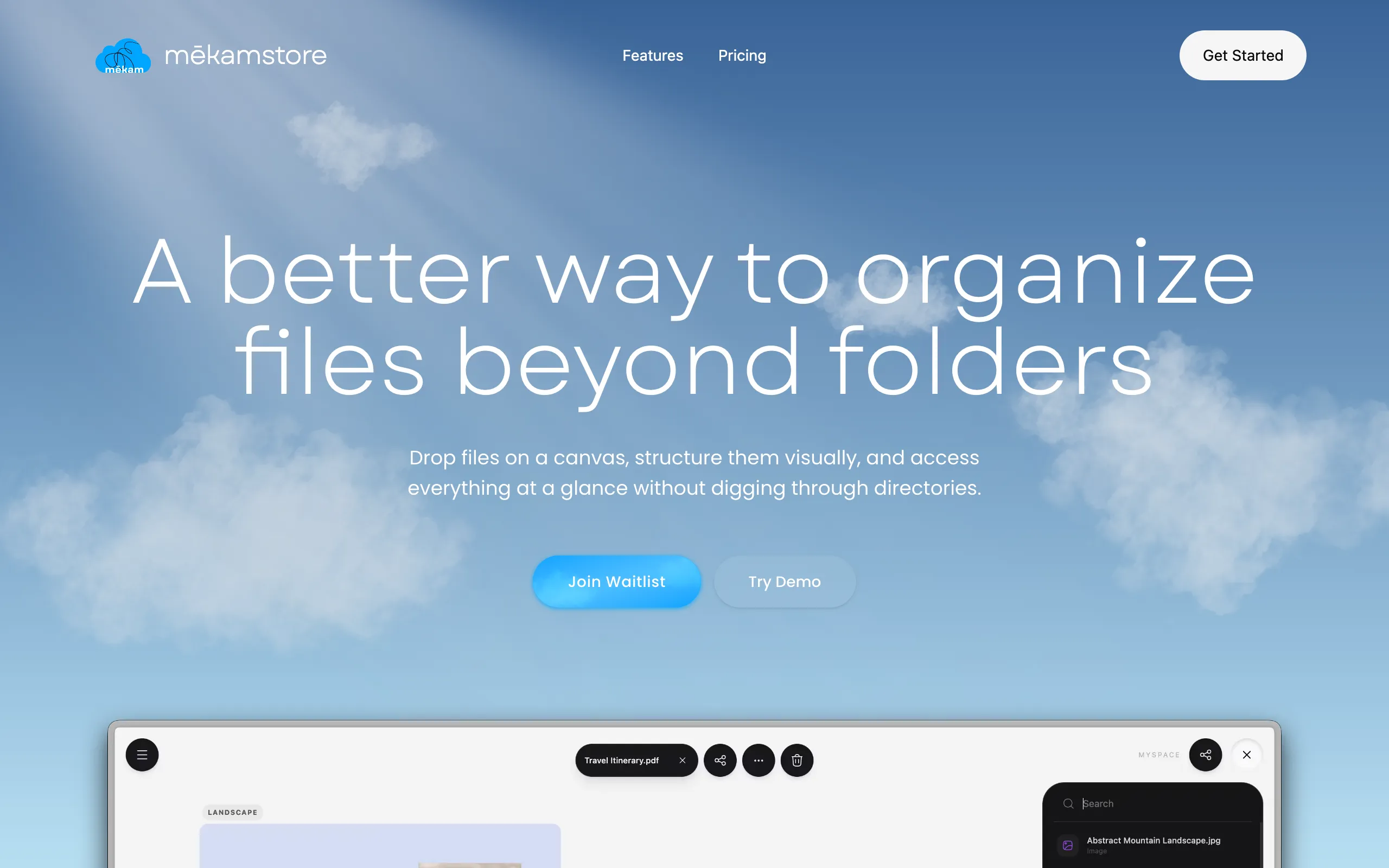 Screenshot of Mēkamstore | Spatial cloud storage for focused thinkers