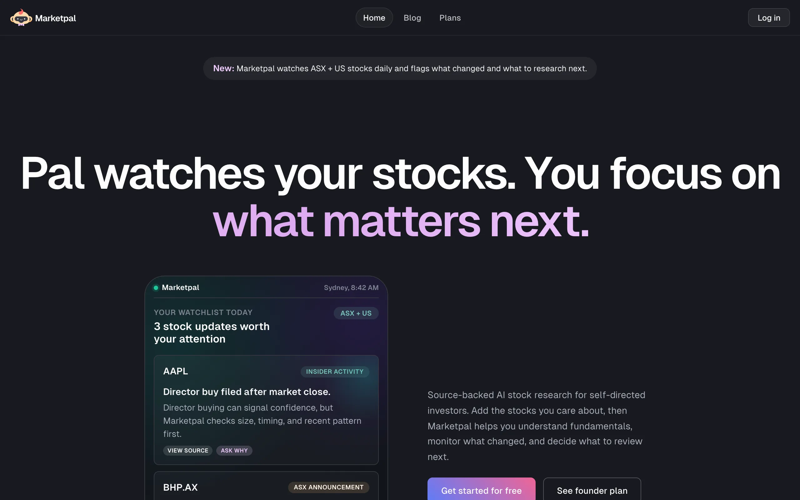 Screenshot of Marketpal - Source-Backed AI Stock Research for US and ASX Stocks