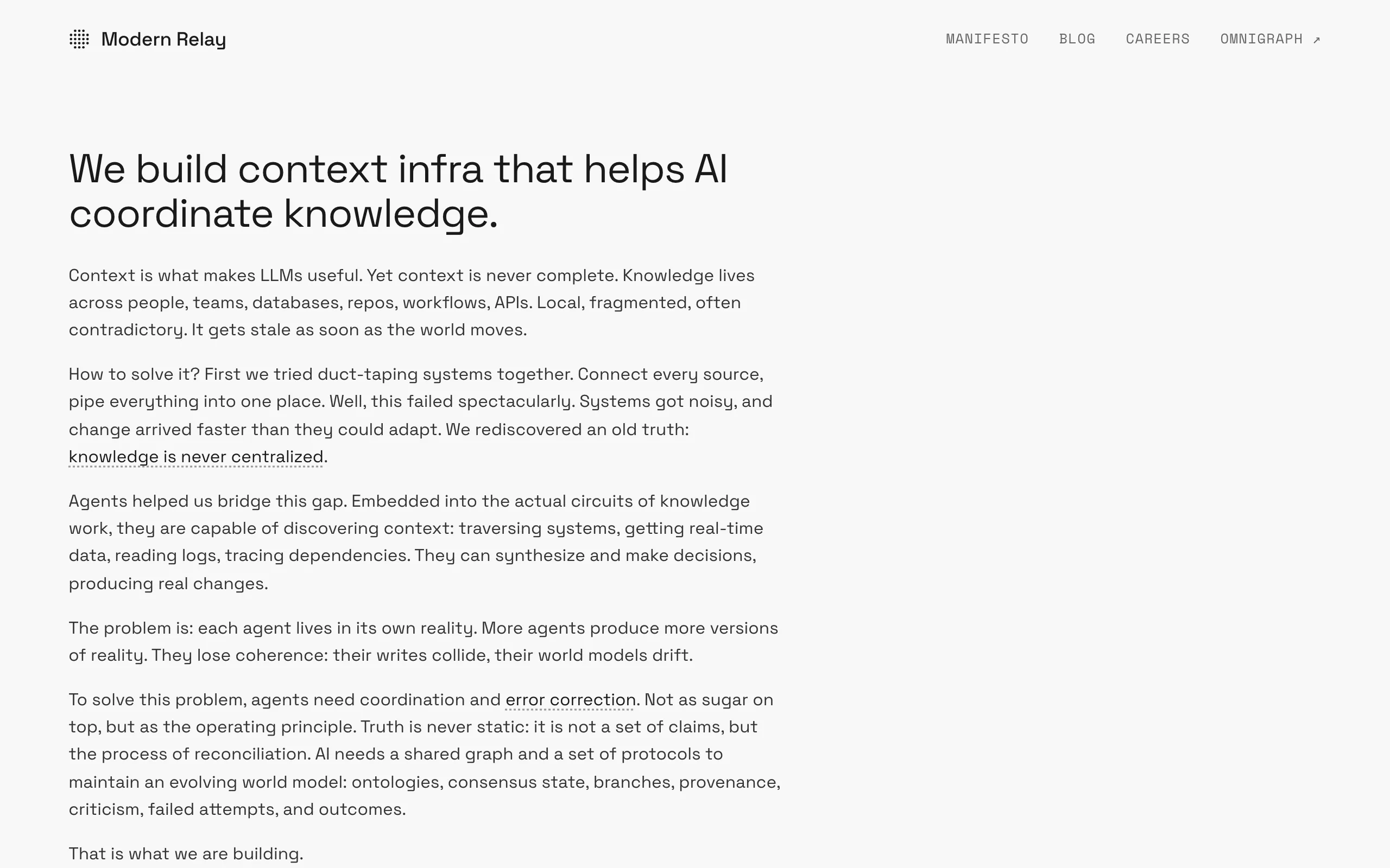 Screenshot of Modern Relay: context infra that helps AI coordinate knowledge
