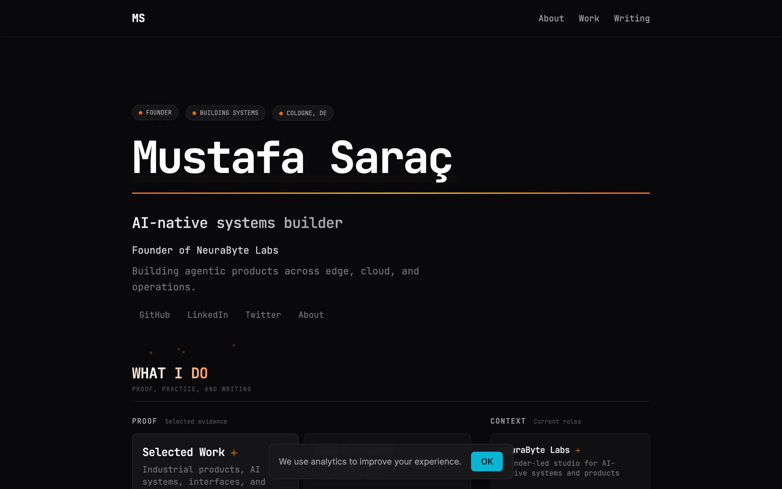 Screenshot of Mustafa Saraç — AI-native systems builder