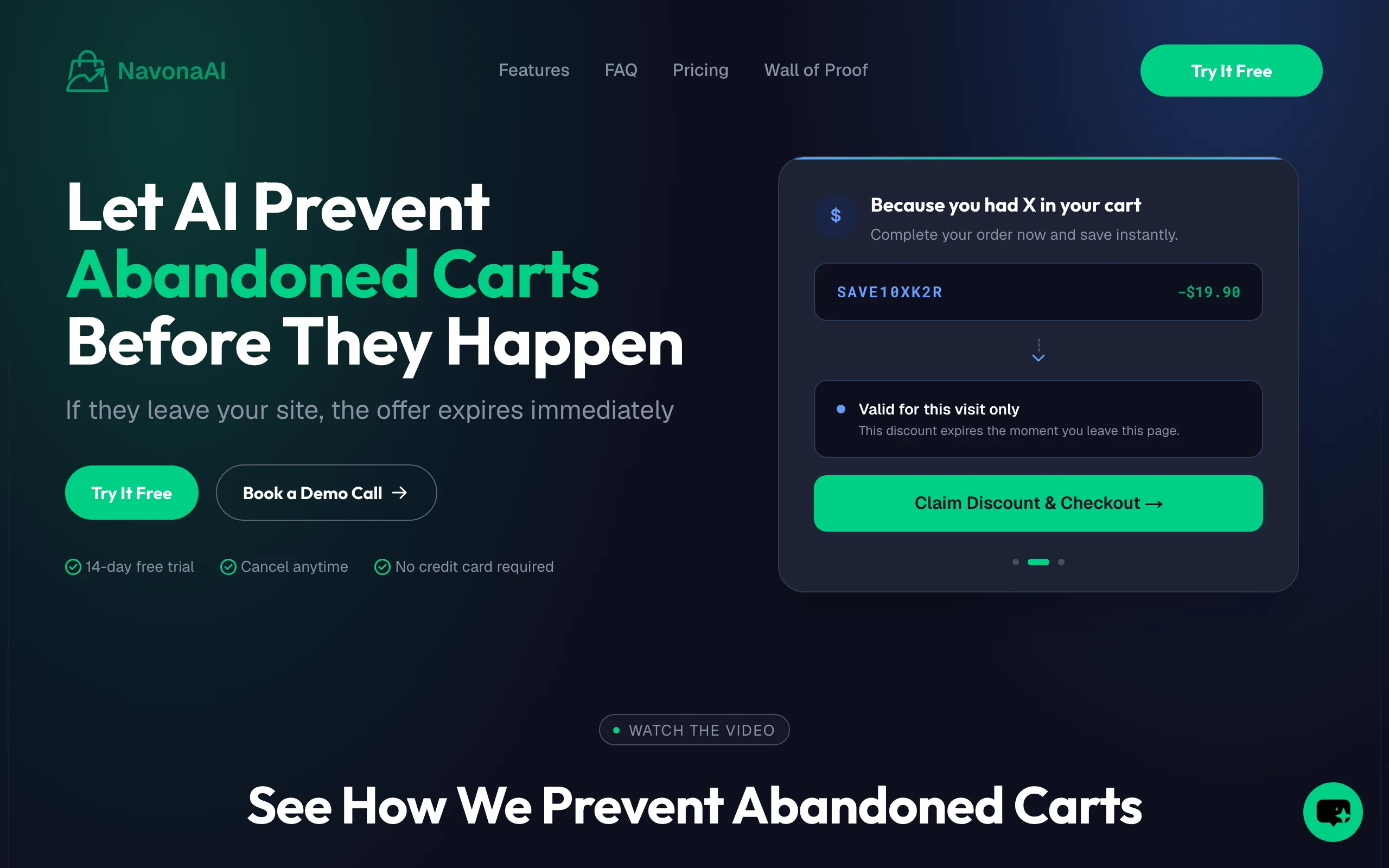 Screenshot of NavonaAI - AI-Powered Cart Abandonment Prevention &amp; Analytics
