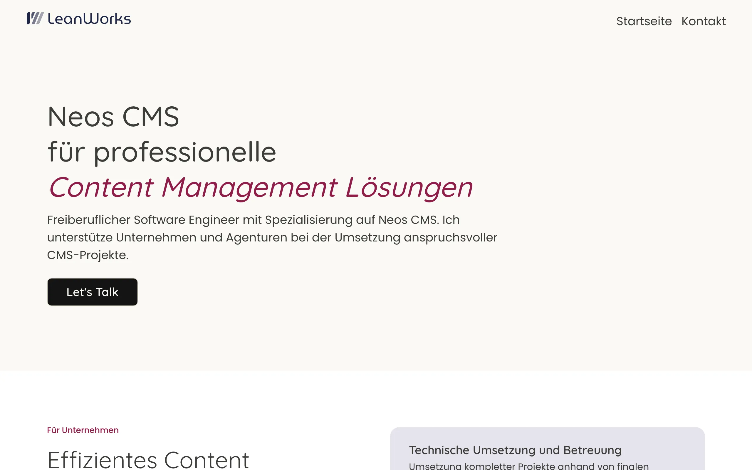 Screenshot of Neos CMS Freelancer für professionelle CMS-Lösungen | LeanWorks