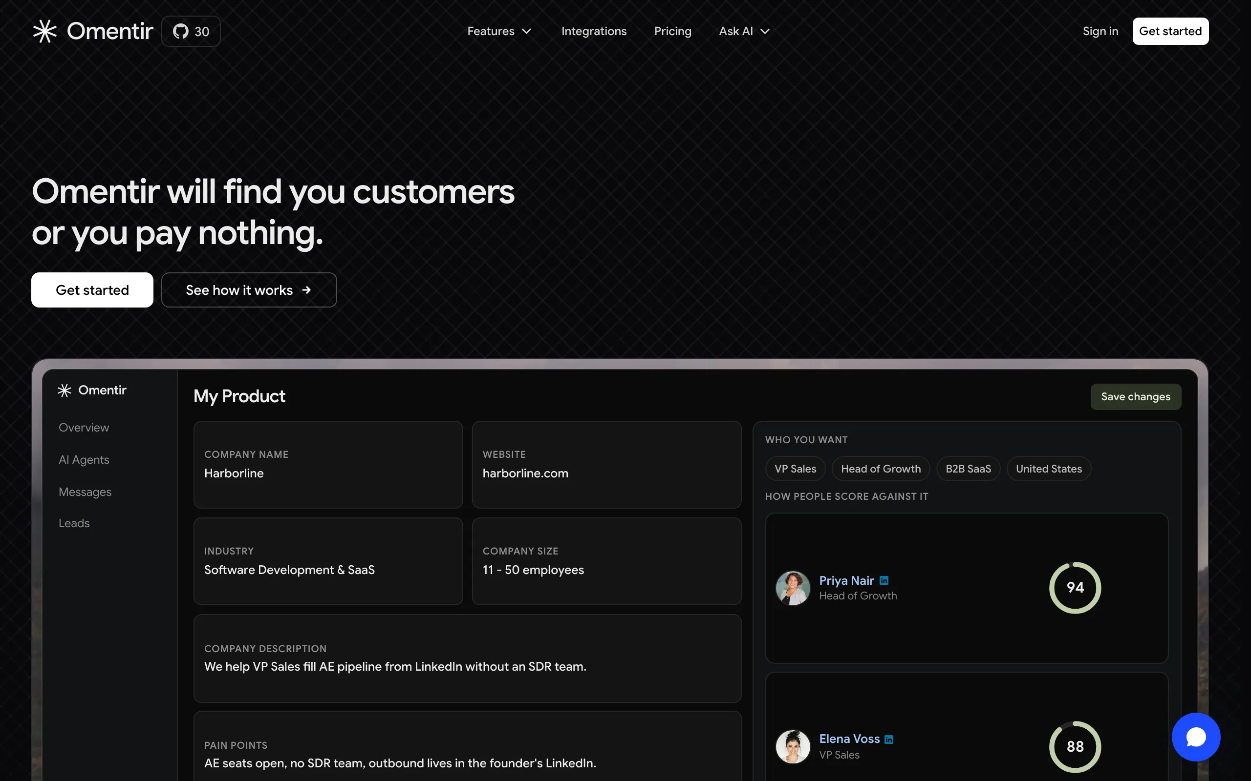 Screenshot of Omentir - AI LinkedIn outreach for founders and small sales teams
