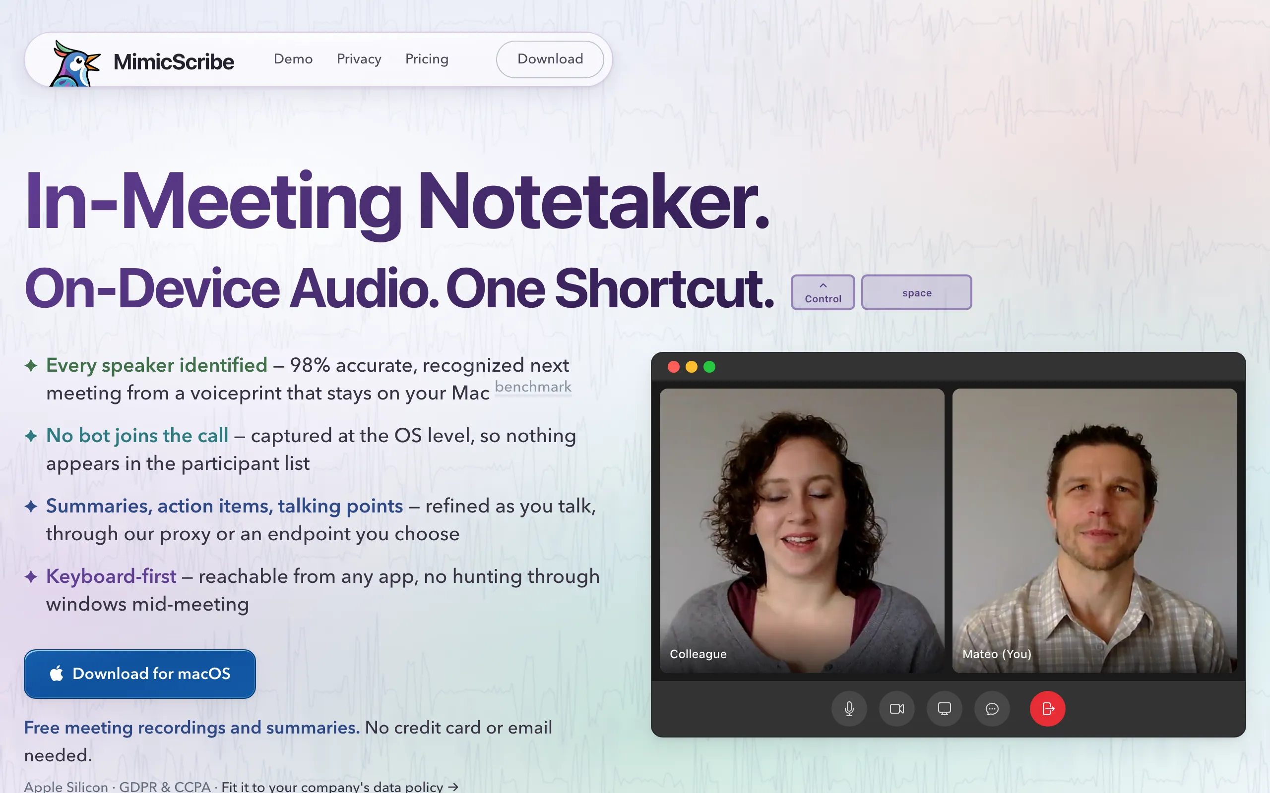 Screenshot of On-Device AI Meeting Notetaker for macOS — Speaker ID, No Bots