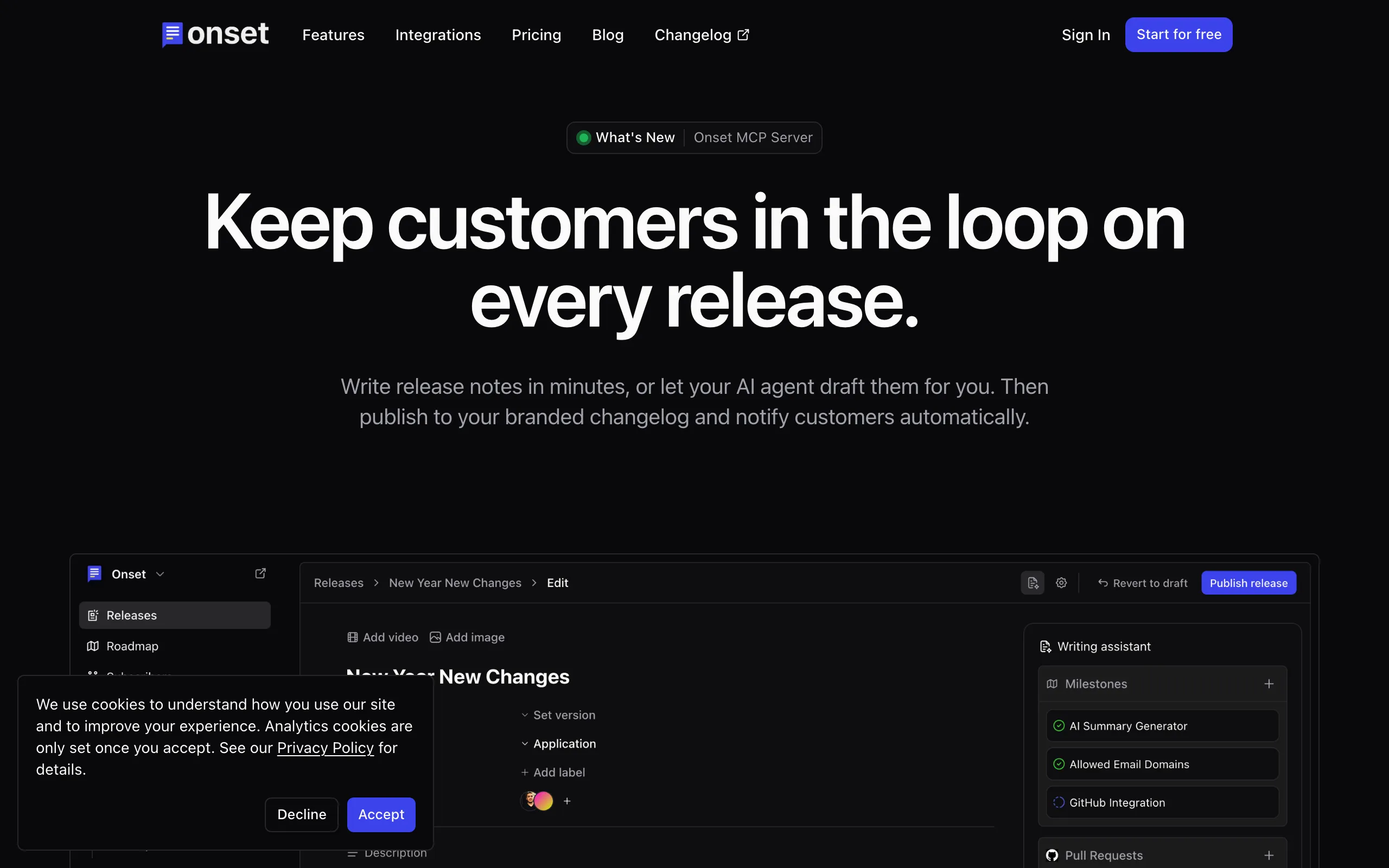 Screenshot of Onset - Keep customers in the loop on every release.