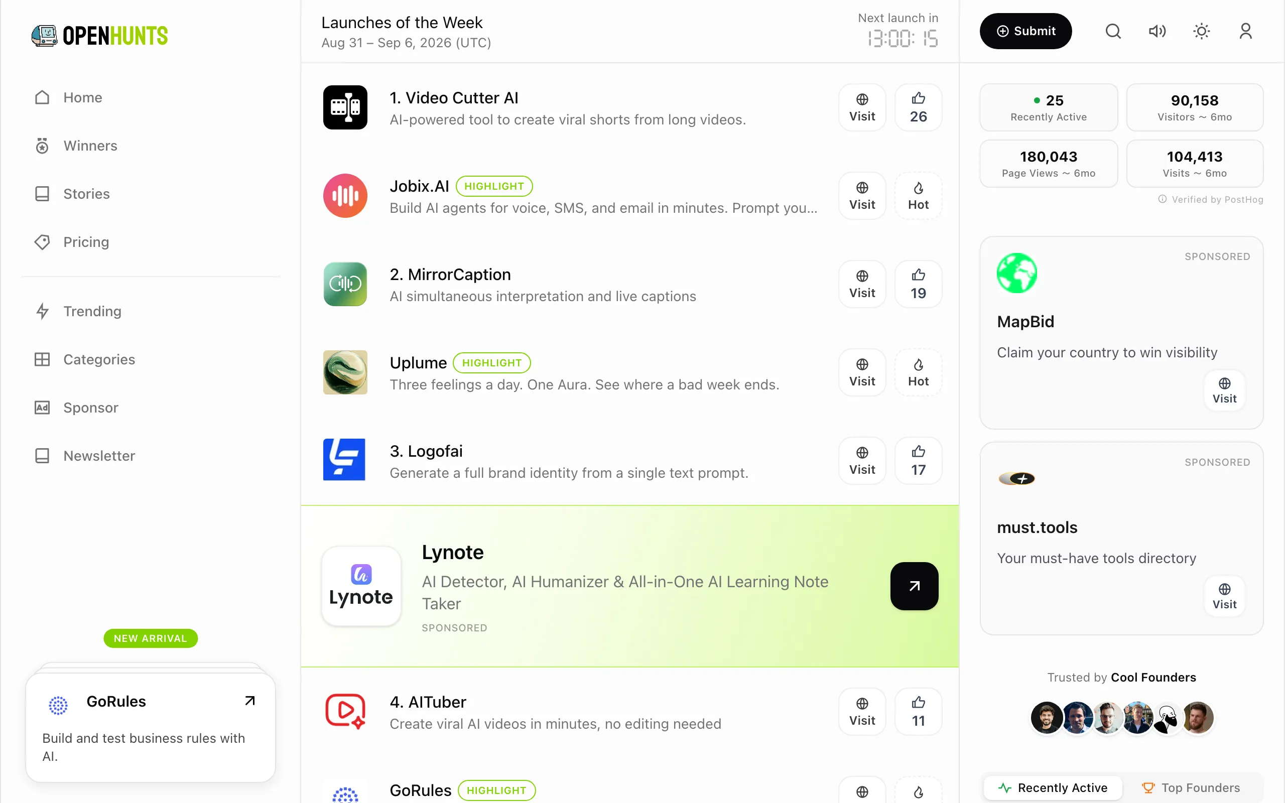 Screenshot of OpenHunts: Product Launch &amp; Discovery Platform for Makers