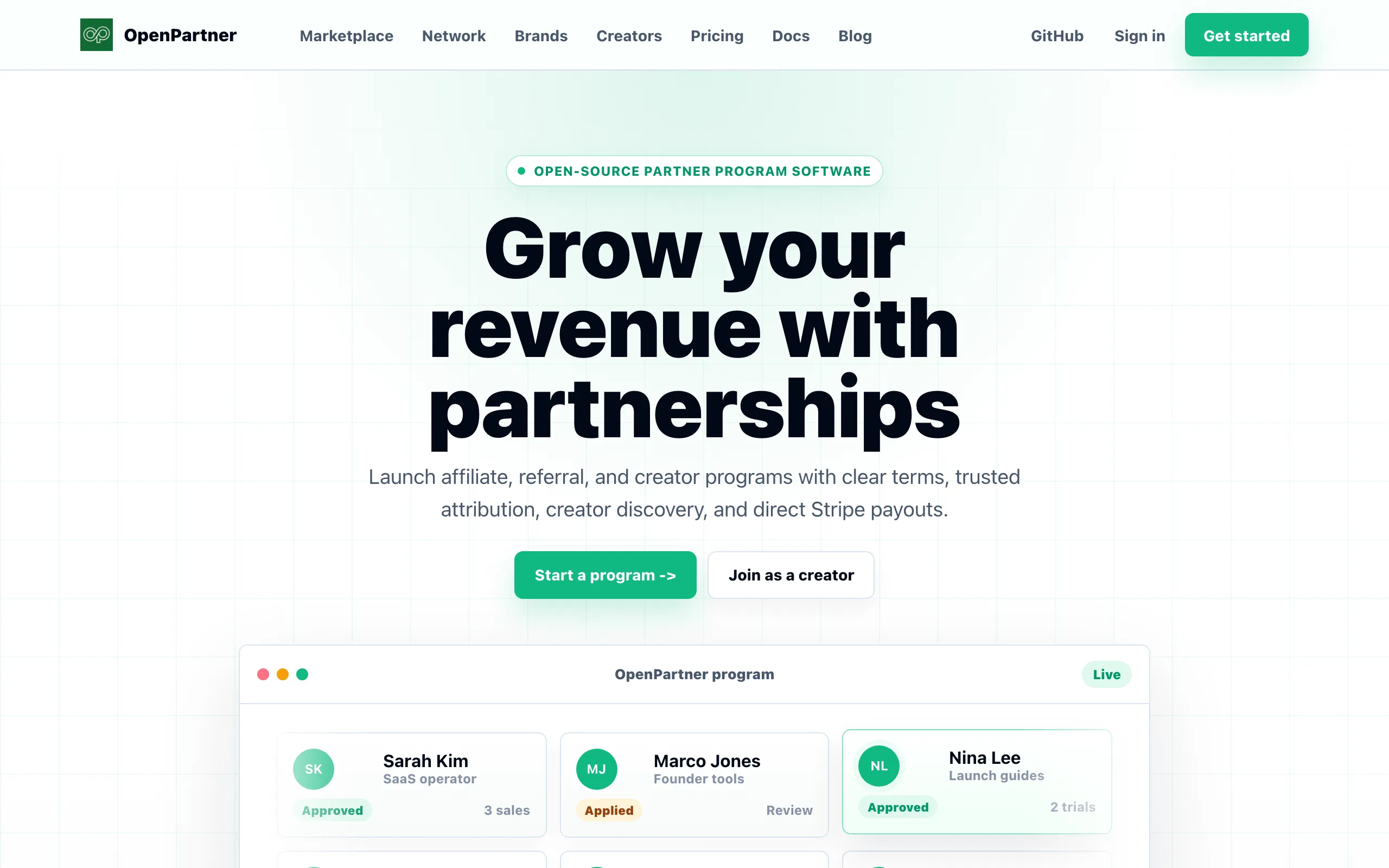 Screenshot of OpenPartner - partner program software with a built-in creator network