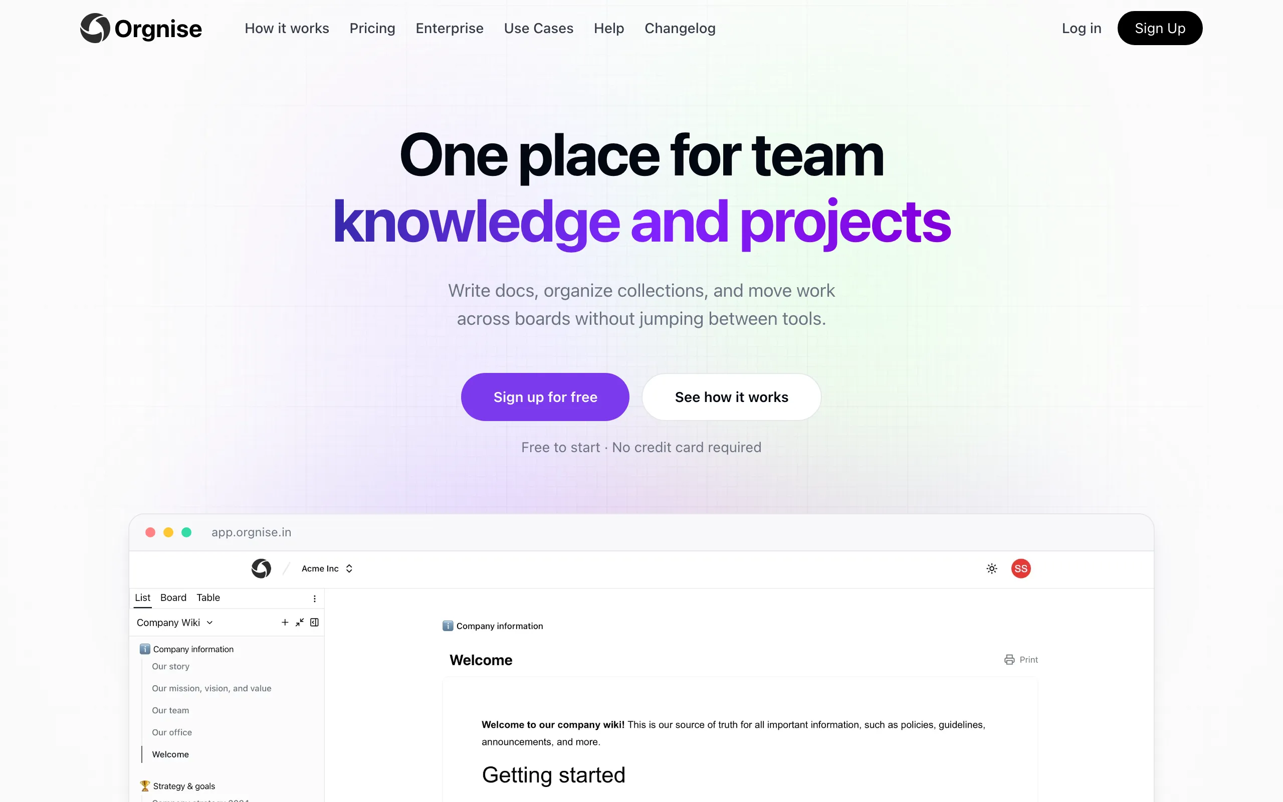 Screenshot of Orgnise - One place for team knowledge and projects