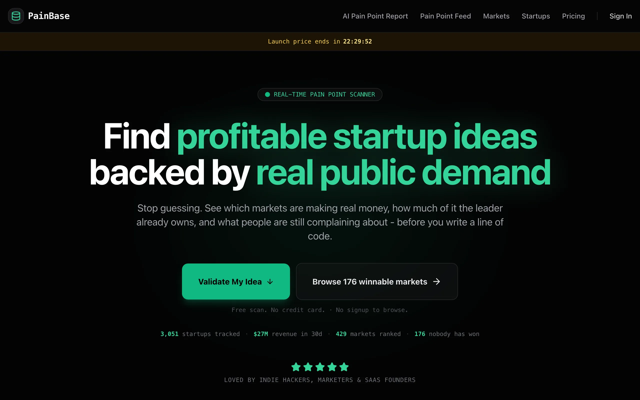 Screenshot of PainBase - Startup Ideas Backed by Real Revenue Data