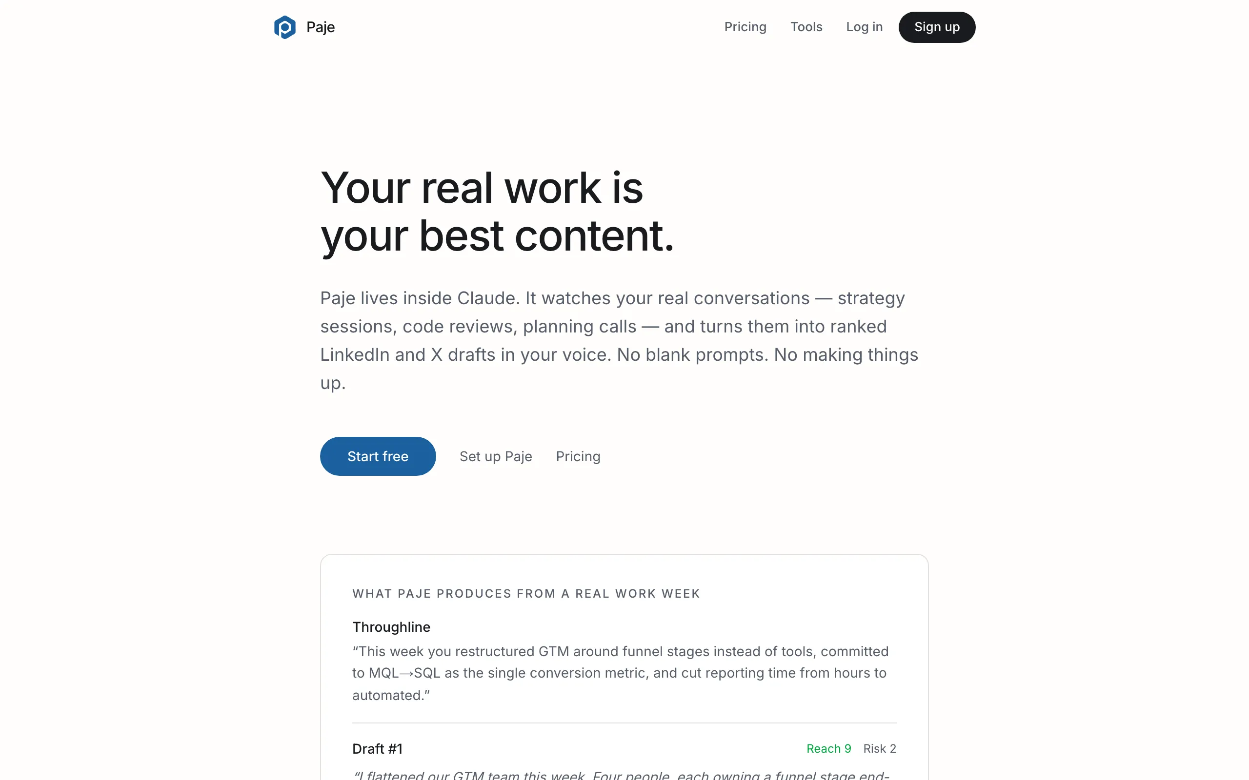 Screenshot of Paje — turn real work into LinkedIn posts