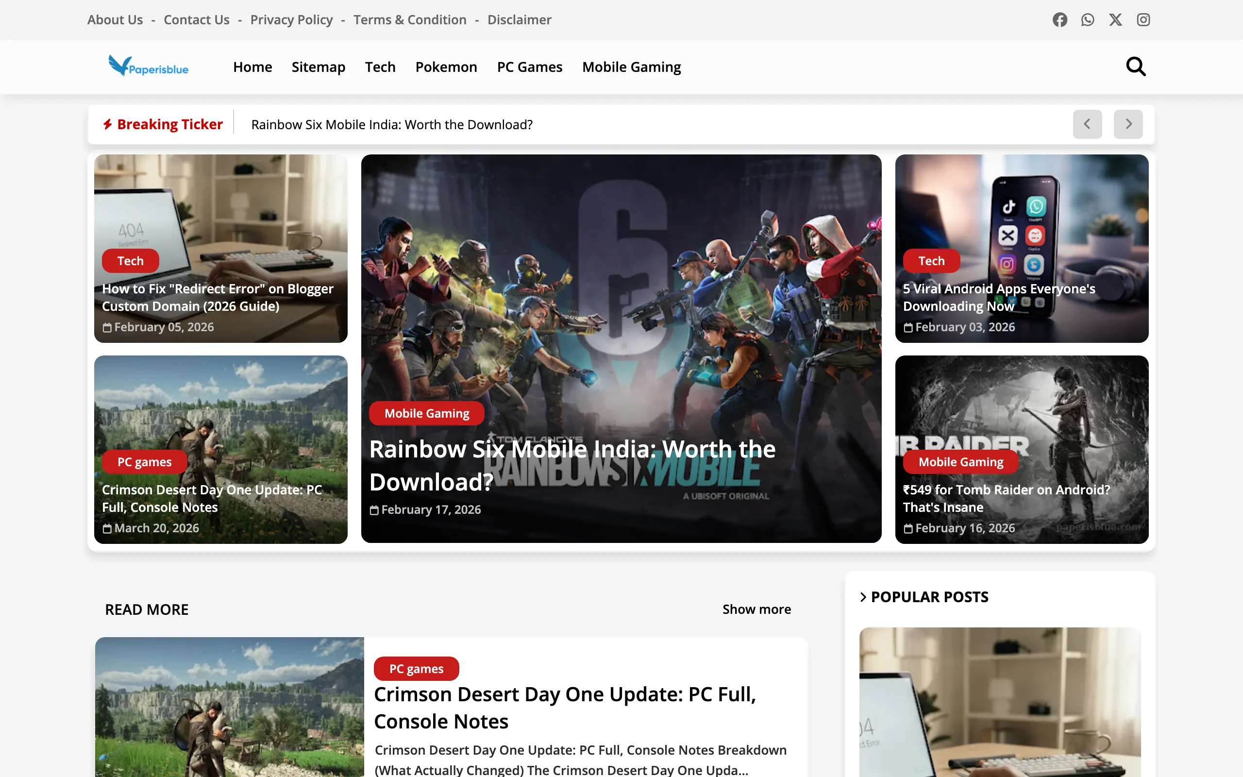 Screenshot of PaperIsBlue: Daily Tech News and Game Reviews