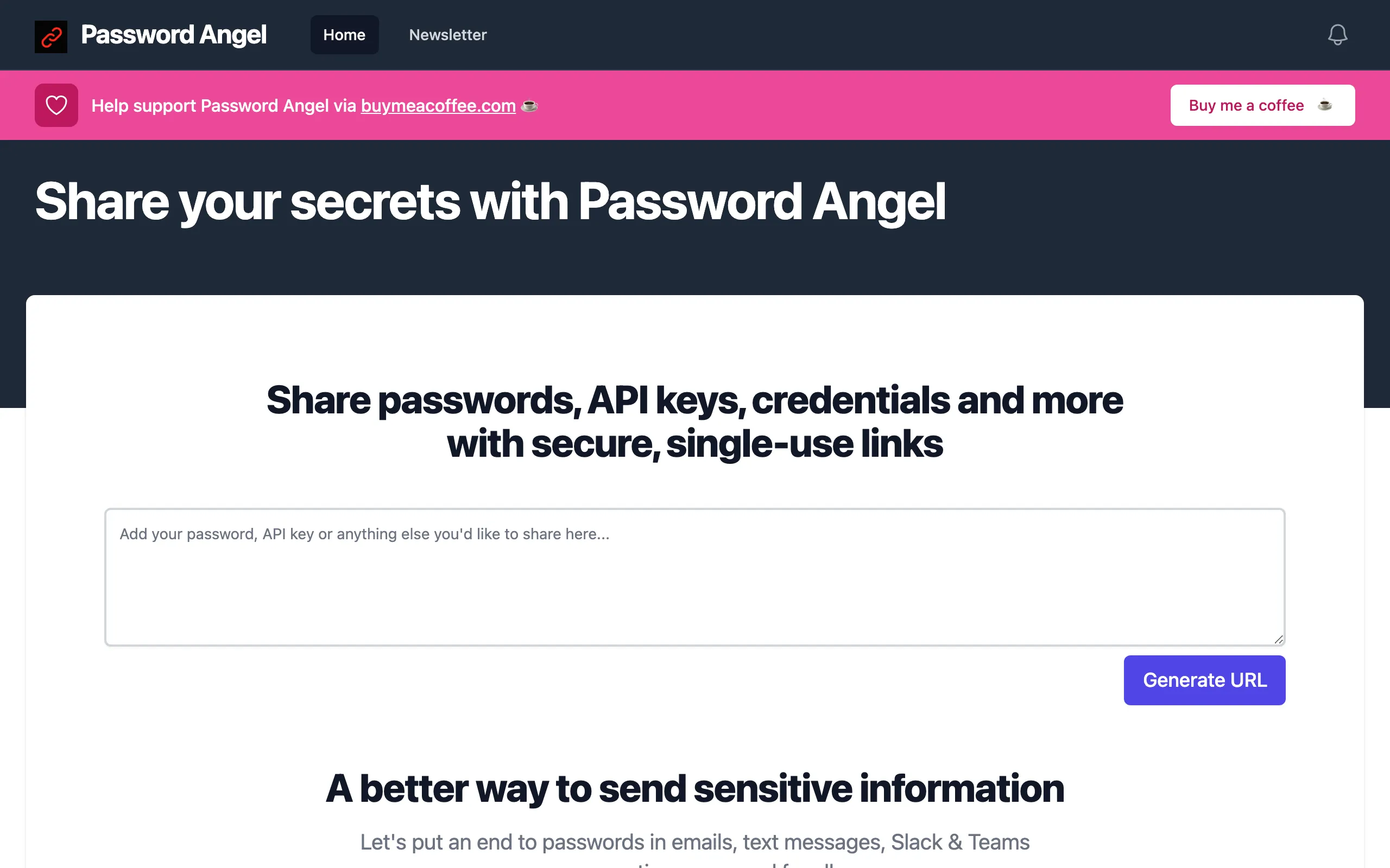 Screenshot of Password Angel - Share passwords and secrets with secure, single-use links