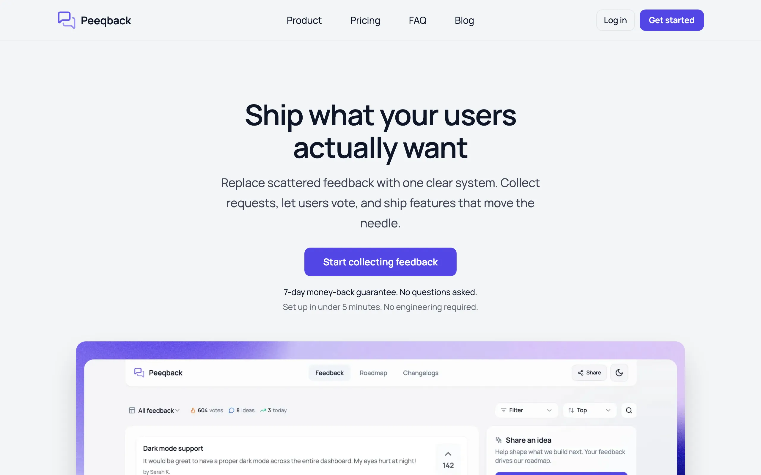 Screenshot of Peeqback — Collect User Feedback, Build a Public Roadmap &amp; Ship Changelogs