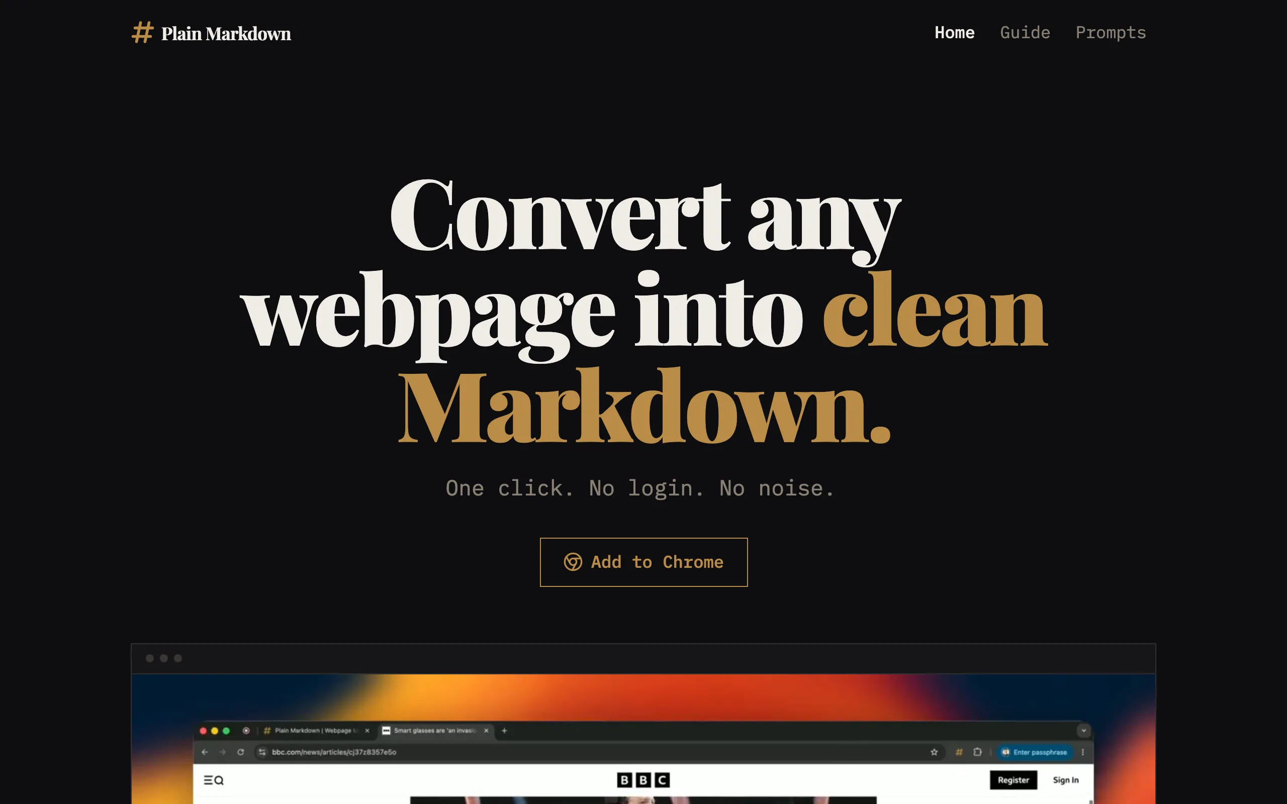 Screenshot of Plain Markdown | Webpage to Markdown Browser Extension