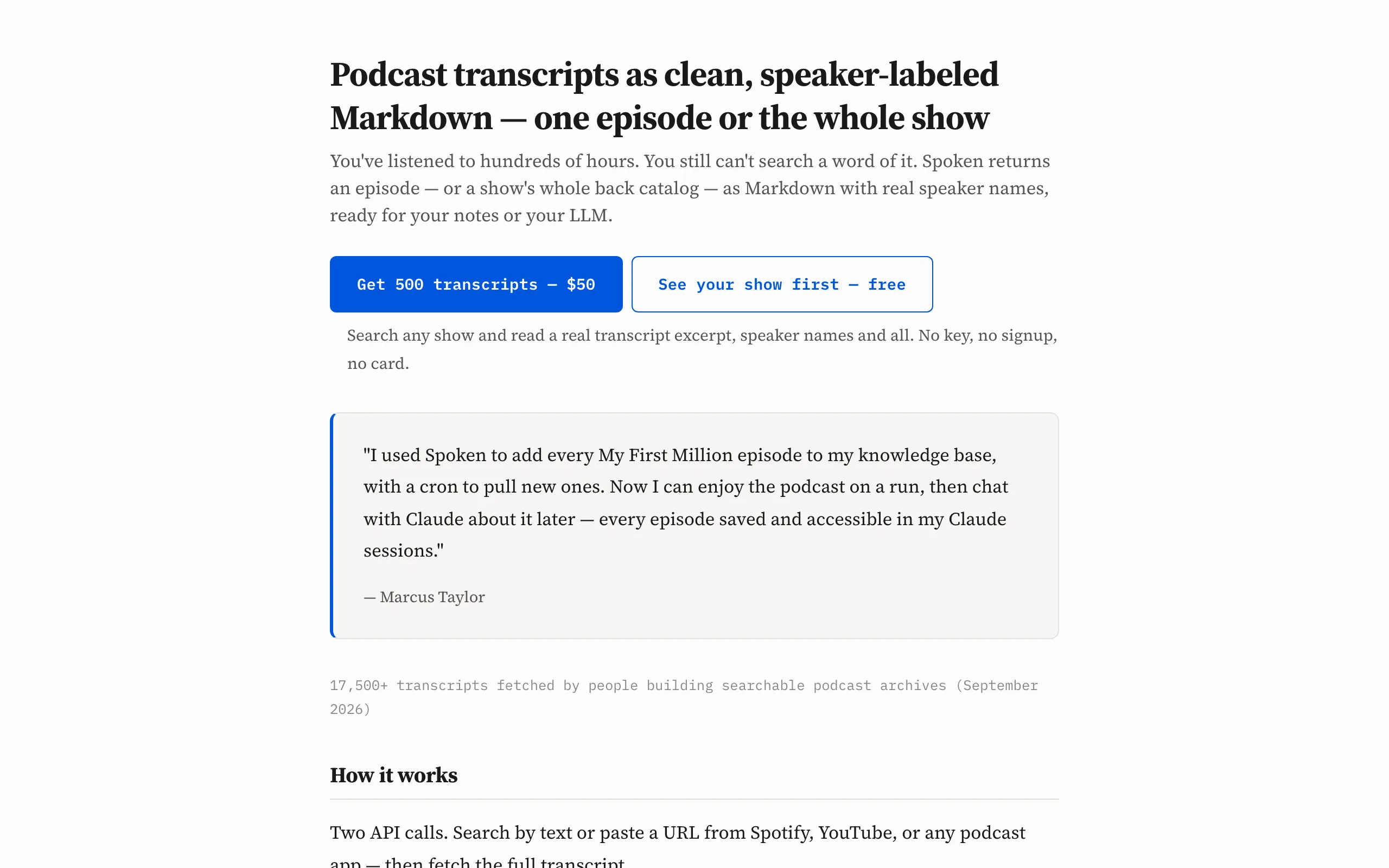 Screenshot of Podcast Transcript API for AI Agents | spoken.md