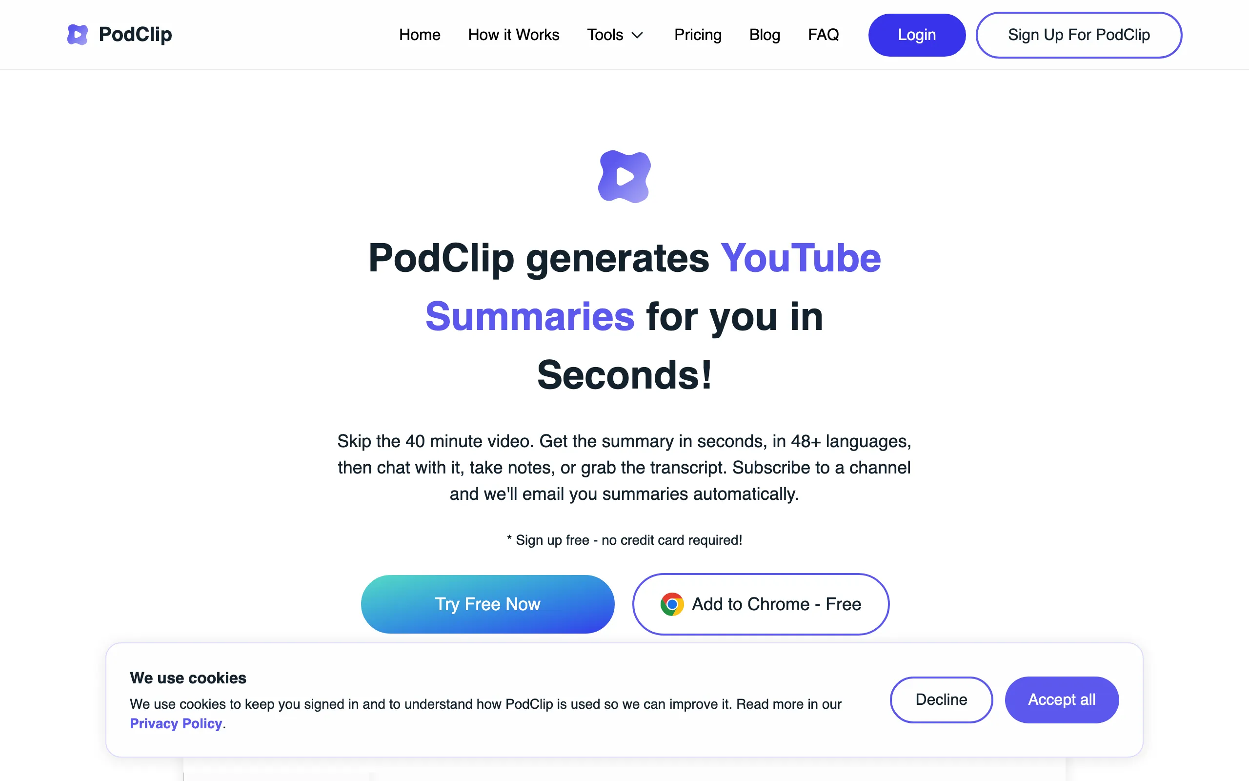 Screenshot of PodClip AI - YouTube Video Summarizer