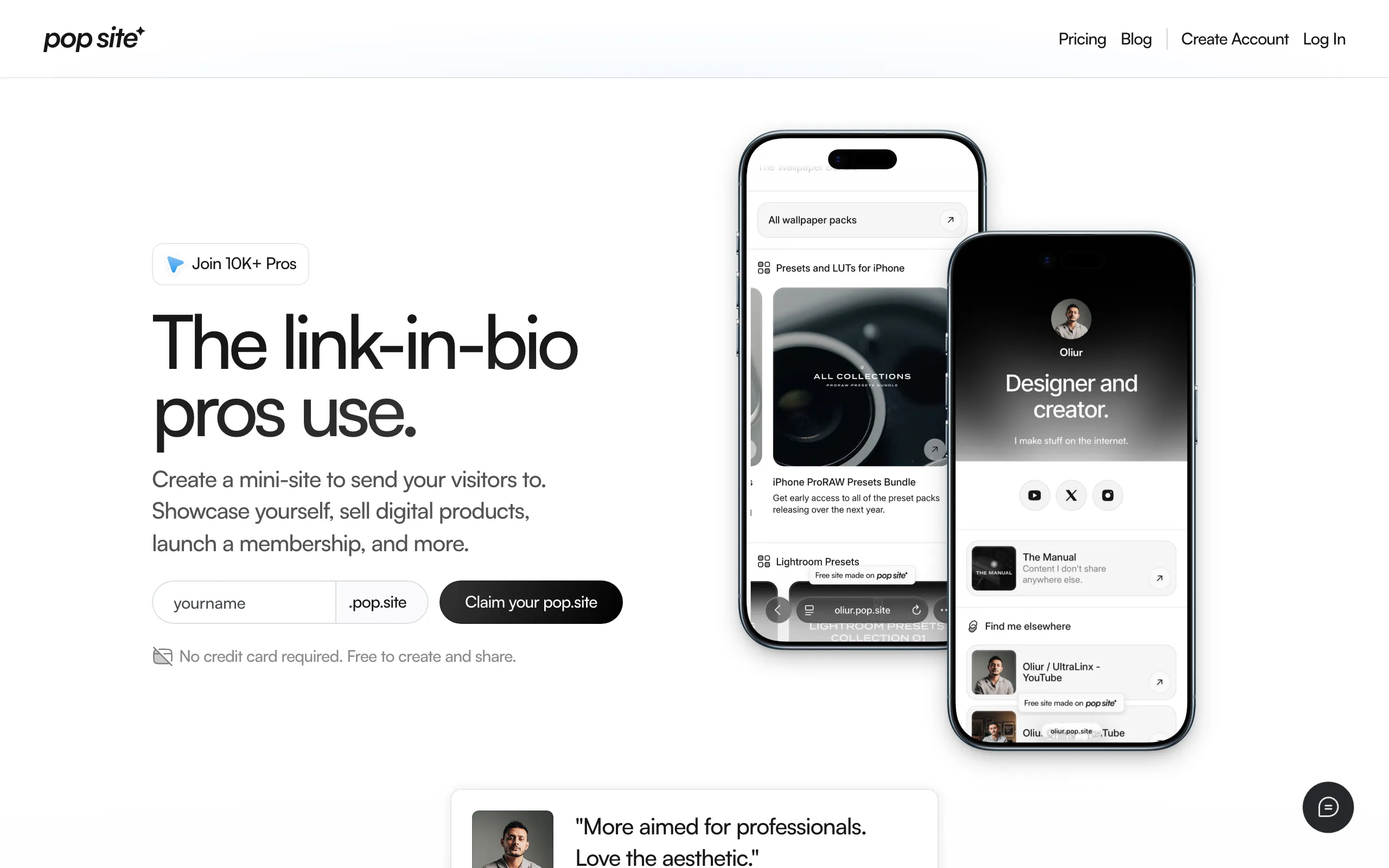 Screenshot of Pop Site - Link-in-bio for Pro Creators, Freelancers &amp; Businesses