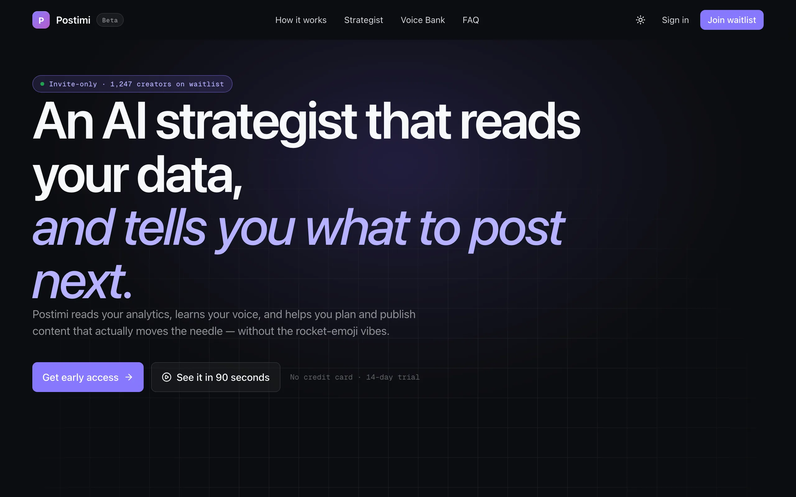Screenshot of Postimi — An AI strategist that reads your data and tells you what to post next
