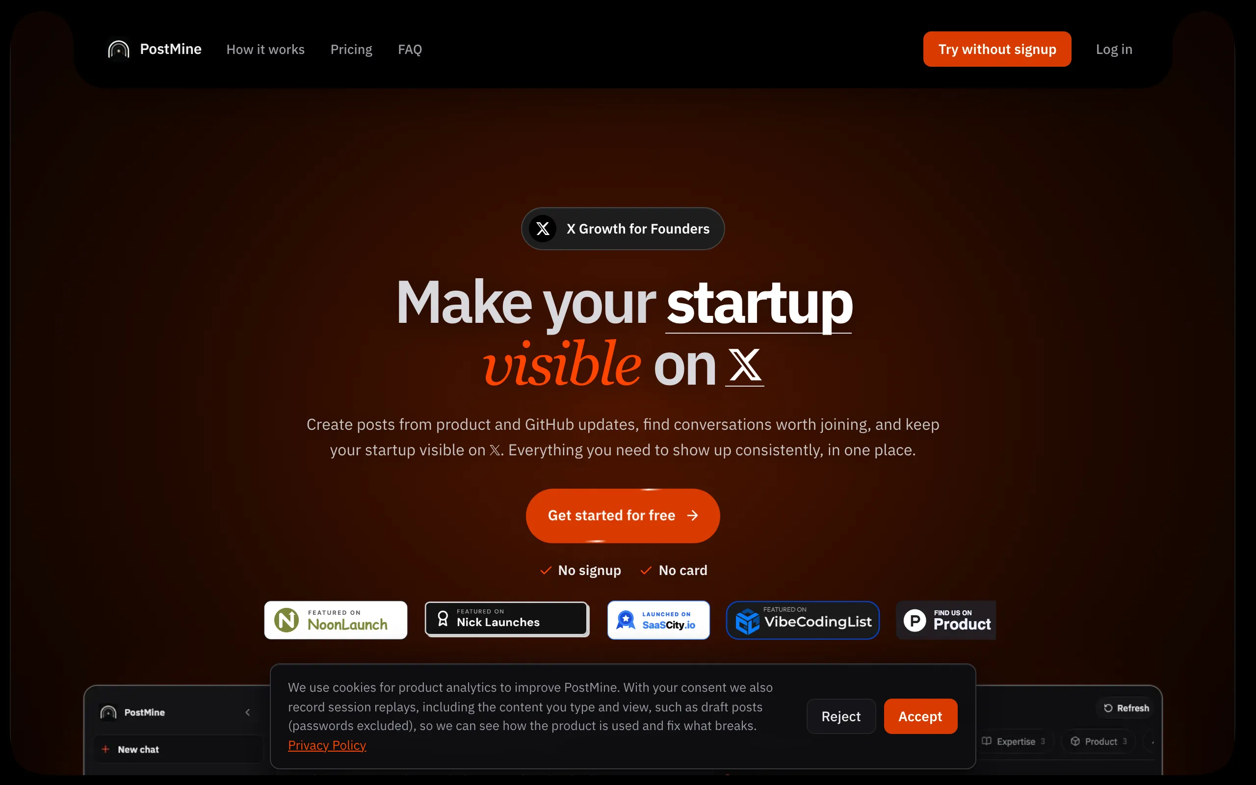 Screenshot of PostMine - make your startup visible on X, from one chat
