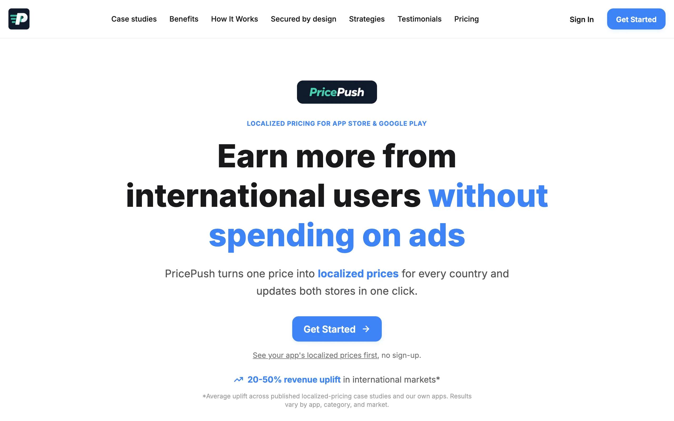 Screenshot of PricePush · App Store &amp; Google Play Pricing for Mobile App Developers