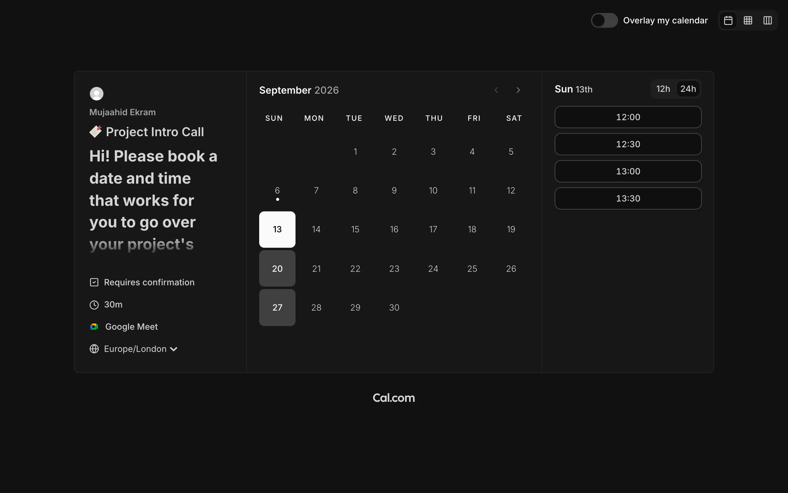 Screenshot of 🔖 Project Intro Call | Mujaahid Ekram | Cal.com
