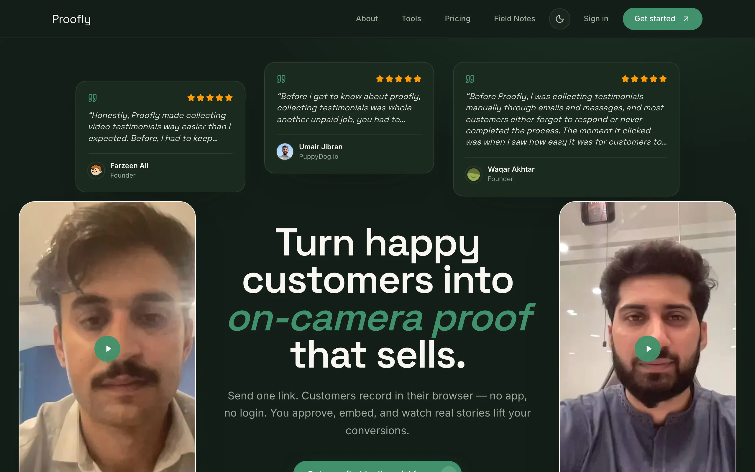 Screenshot of Proofly — Collect video testimonials and publish them anywhere. · Proofly