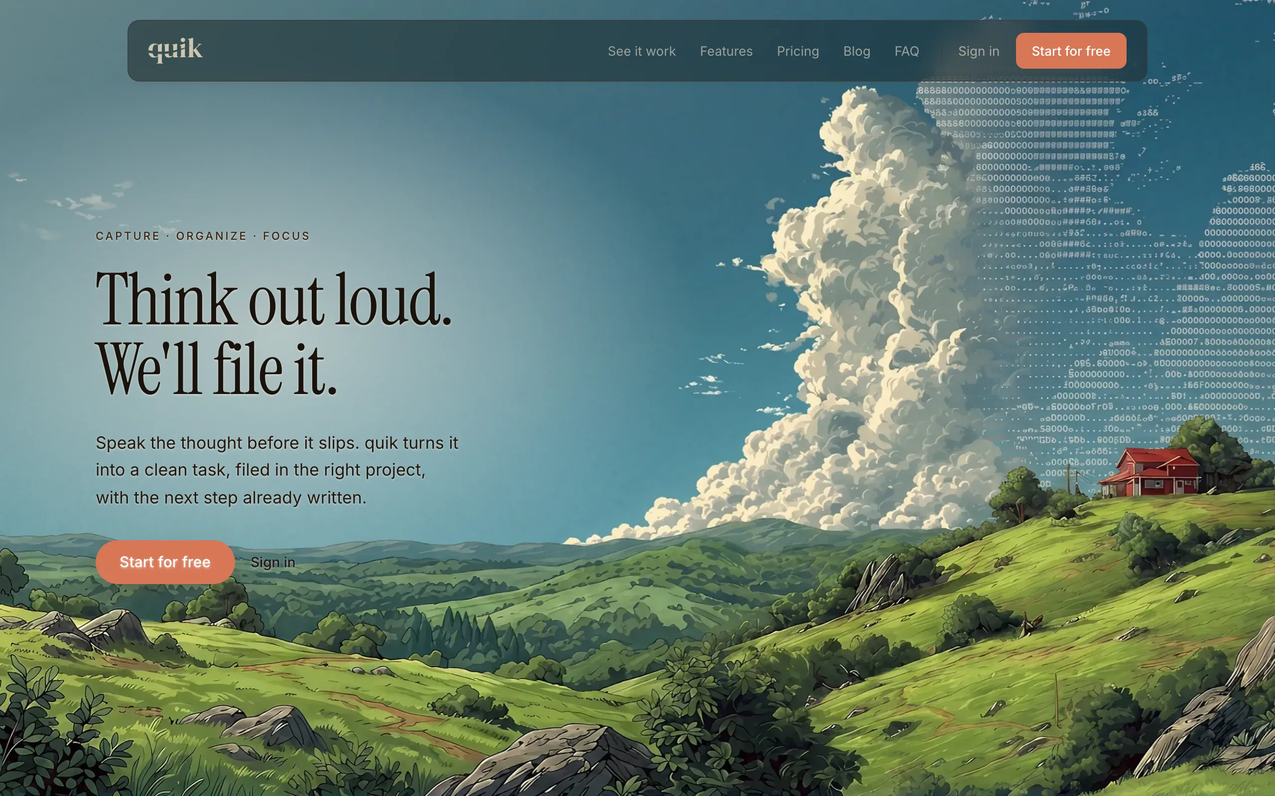 Screenshot of quik.md | Think out loud. We'll file it.