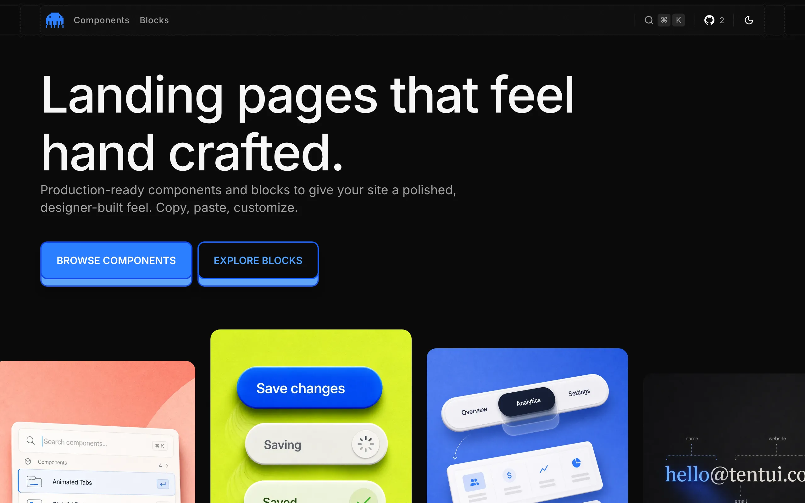 Screenshot of React Components and Blocks for shadcn/ui – TentUI