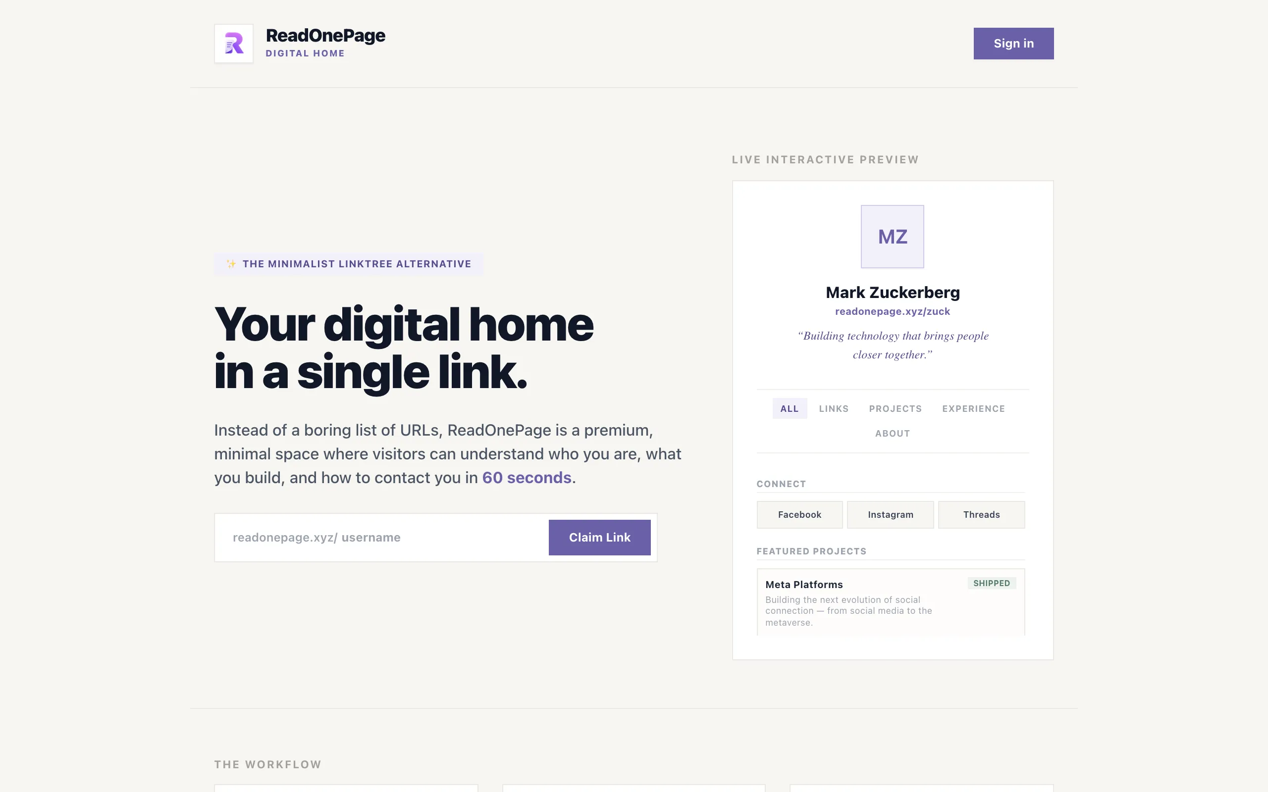 Screenshot of ReadOnePage — Your Digital Home on the Internet