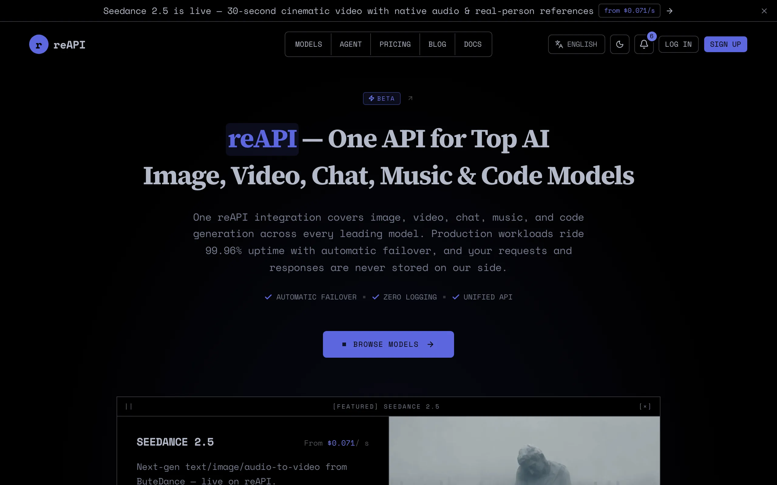 Screenshot of reAPI — One API for Every Top AI Model, 99.96% Uptime