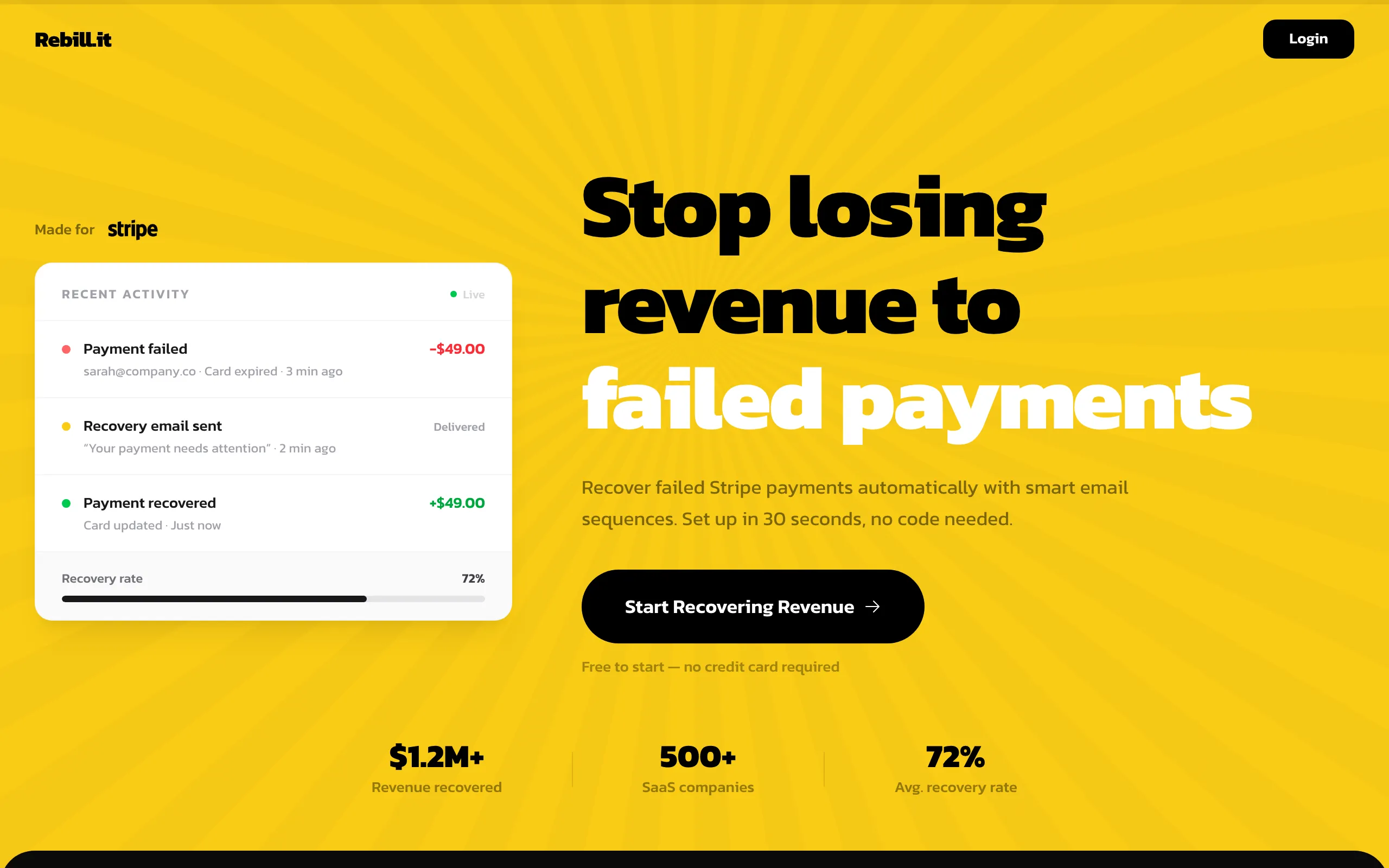 Screenshot of Rebill.it | Recover Failed Stripe Payments Automatically