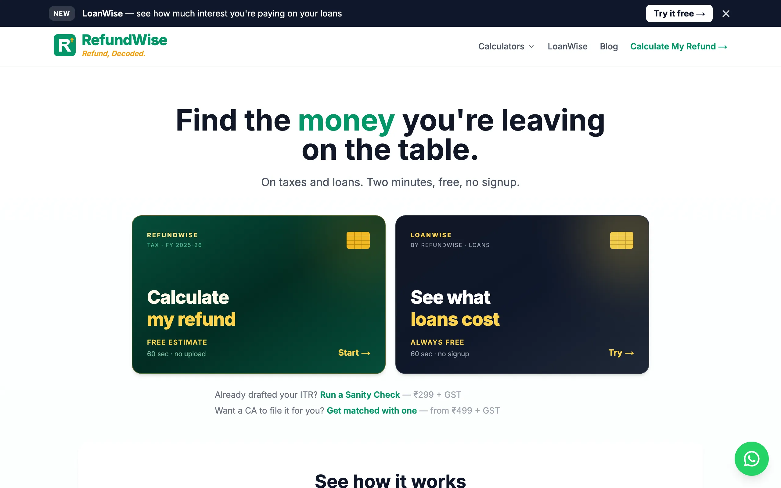 Screenshot of RefundWise — Your money, decoded. Tax + loans, in minutes.