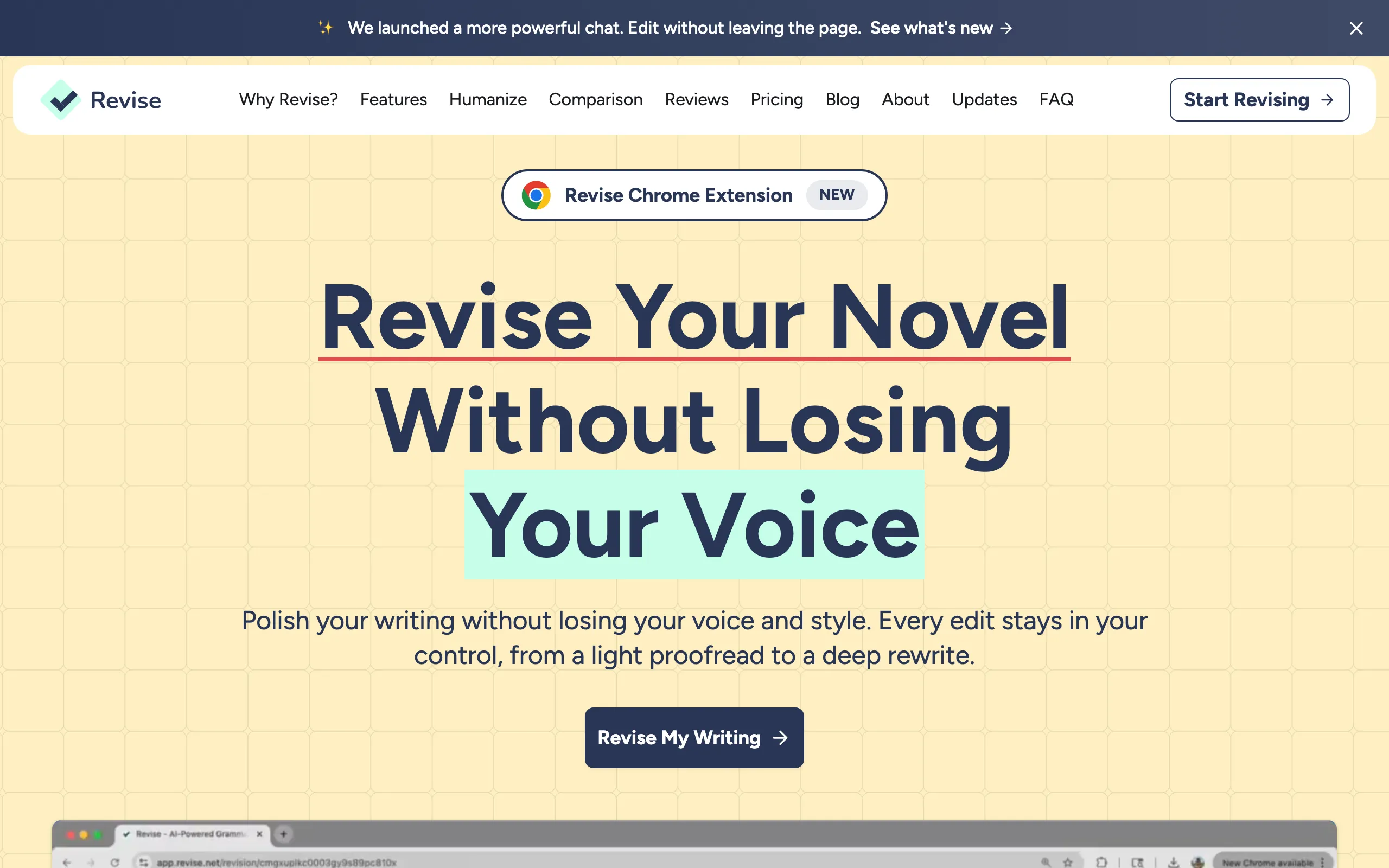 Screenshot of Revise AI | AI writing editor that keeps your voice